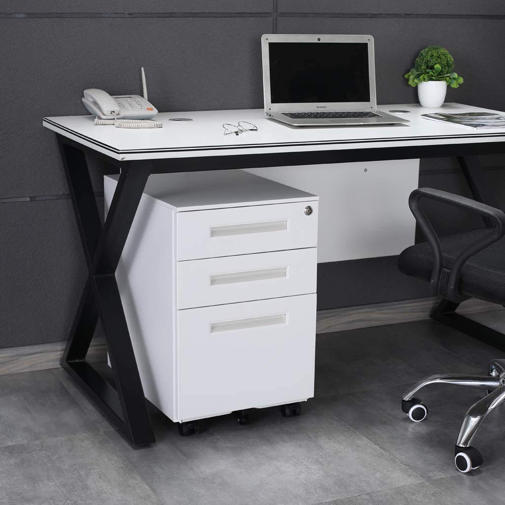 Aktenschränke, Büro-Rollcontainer,Rollcontainer, inkl. 3 Schübe Bürocontainer mit Anti-umkippen-mechanismus für A4, Mobilen, Abschließbar ; 39cm B x 50cm L x 60cm H, JLB021-W