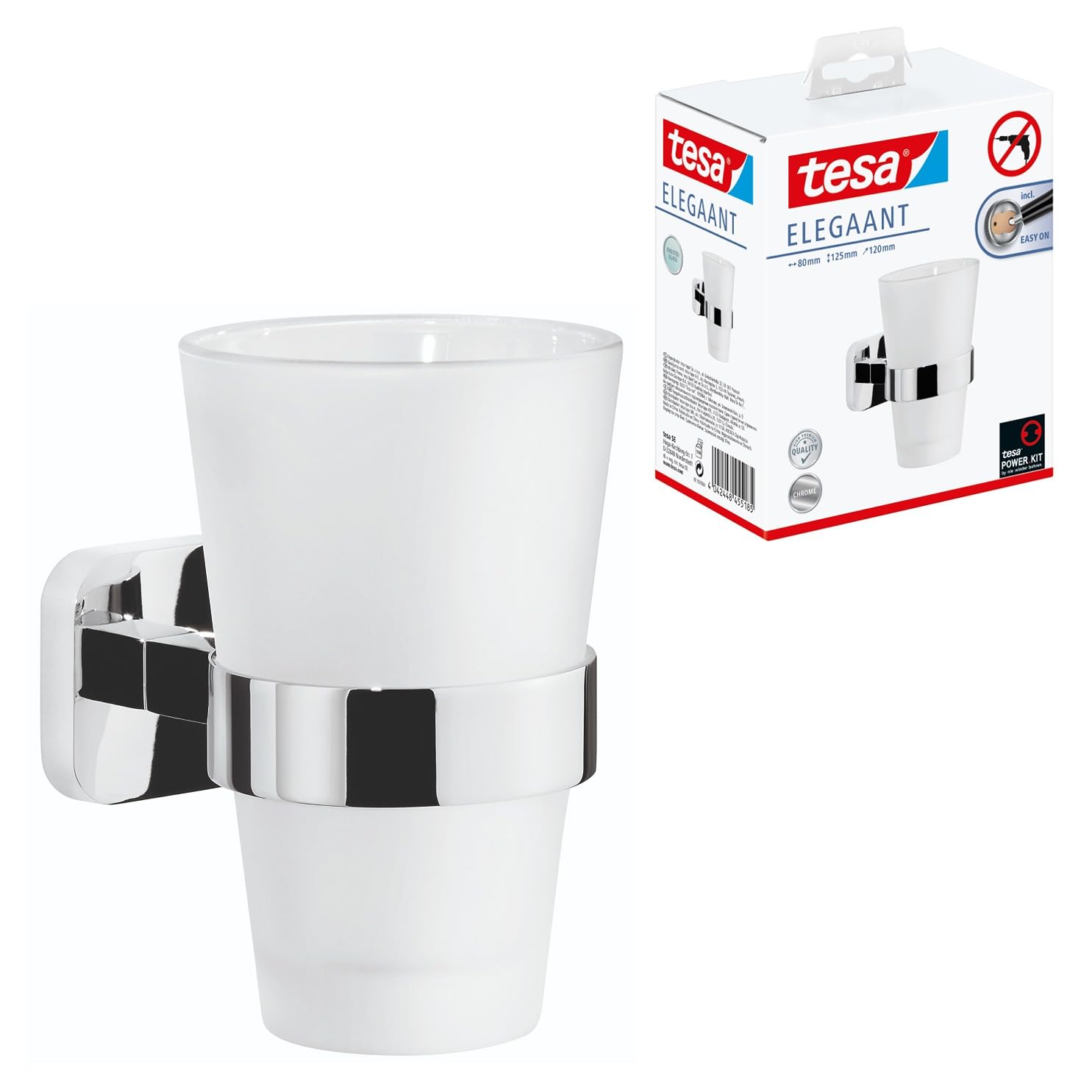 Tesa Uk Silver Tesa Elegaant Toothbrush Holder - Self-Adhesive, Stainless-Steel Tooth Brush Holder With Frosted Glass Cup - Waterproof, Incl. Power.kit Adhesive Solution - 125Mm X 80Mm X 120Mm