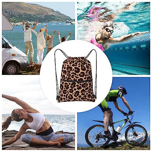 Image of Leopard Printing Drawstring Backpack Bag Sport Gym Sackpack Durable Waterproof Lightweight for Men Women Beach Bag String Bag