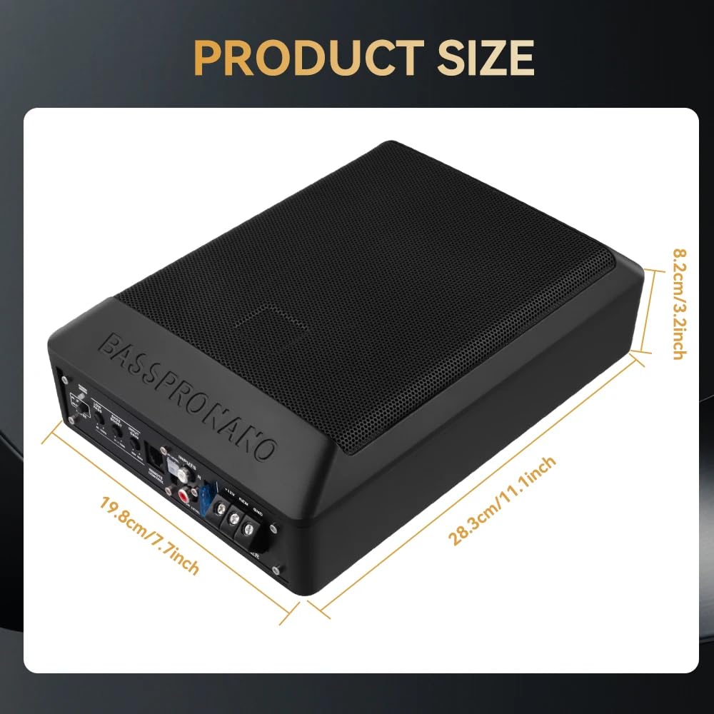 Podofo Aktywny subwoofer samochodowy 600 W, ultra cienki głośnik pod siedzeniem, wzmacniacz basowy 12 V 4 omy, 28 x 20 x 7,5 cm, z kablem wzmacniacza i kompletnym zestawem instalacyjnym
