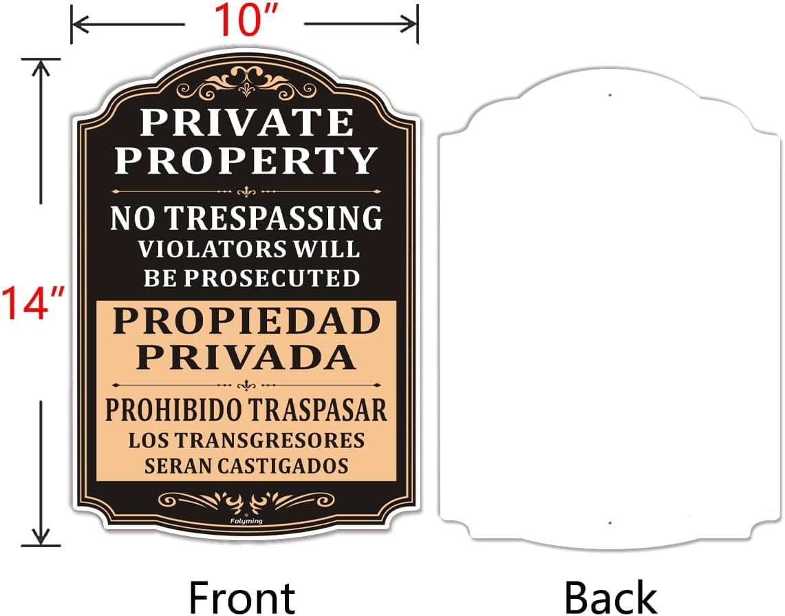 Paquete de 2 letreros bilingües de propiedad privada con texto en inglés "No Trespassing Violators Will Be Prosecuted", de 10 x 14 pulgadas, letreros de propiedad privada, letreros reflectantes de