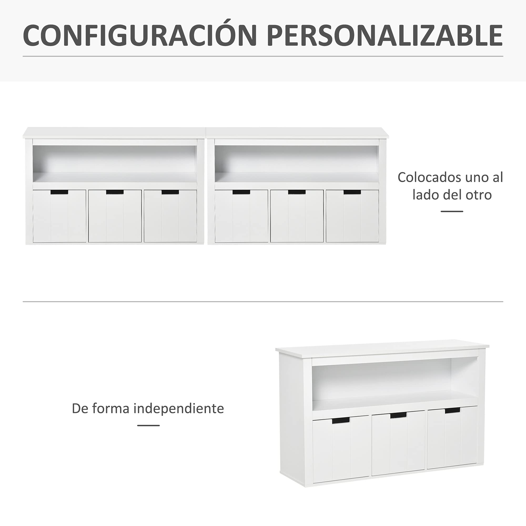 HOMCOM Aparador de Salón con 3 Cajones Extraíbles 102x33x61,5 cm Blanco | Estantes Abiertos, para Libros Juguetes, Armario Auxiliar de Almacenamiento, para Dormitorio Cocina