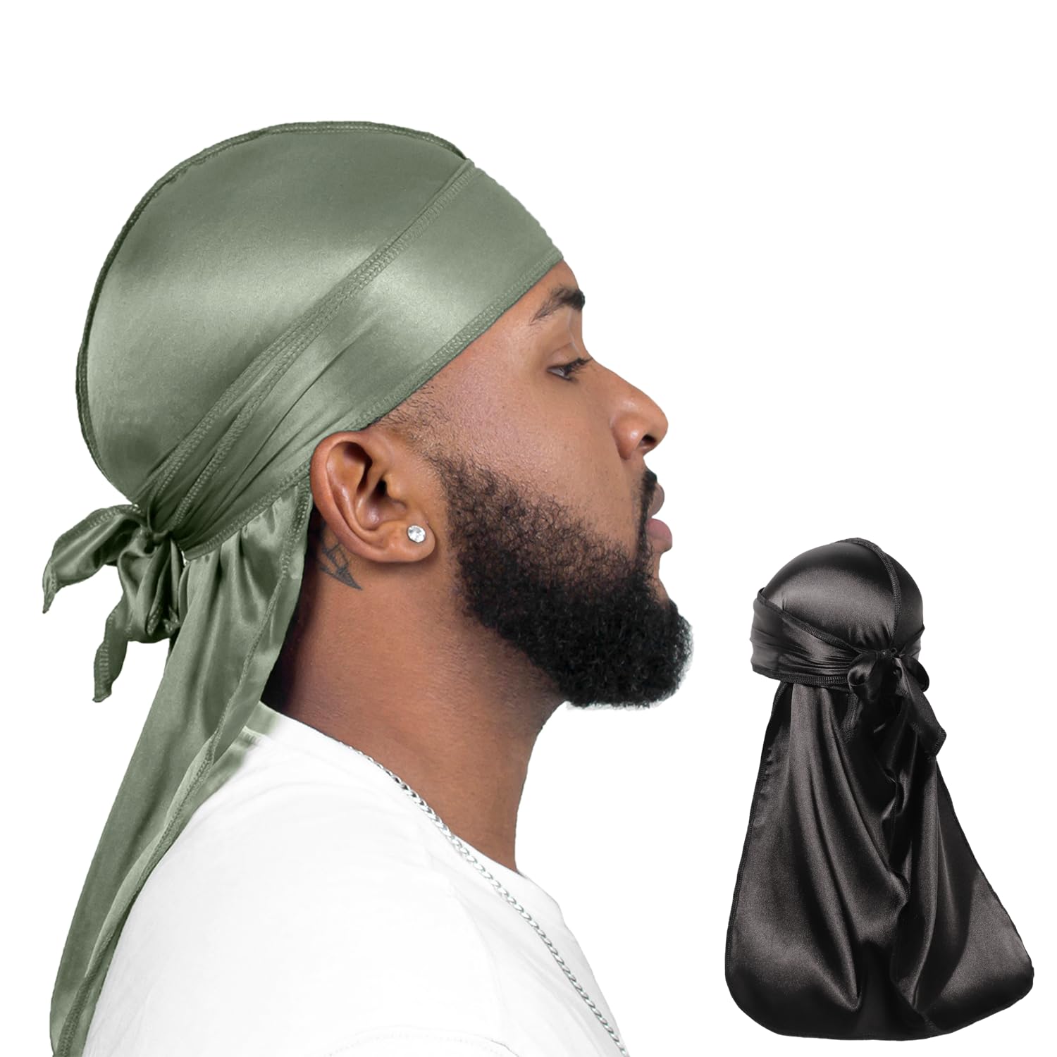 ForceWave 2 Pieces Silky Durag Pack for Men Women Waves, Premium Satin Deluxe Du-rag (Black+Sage)