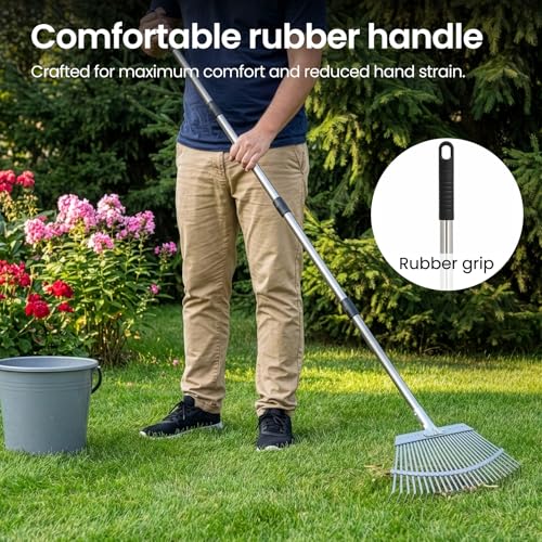 SUNNYNEST Heavy Duty Garden Rake, 25-Tine Metal Leaf Rake with Adjustable Long Handle, 53cm Wide Metal Head for Yard Cleanup, Lawn Leveling & Soil Leveller - Image 5