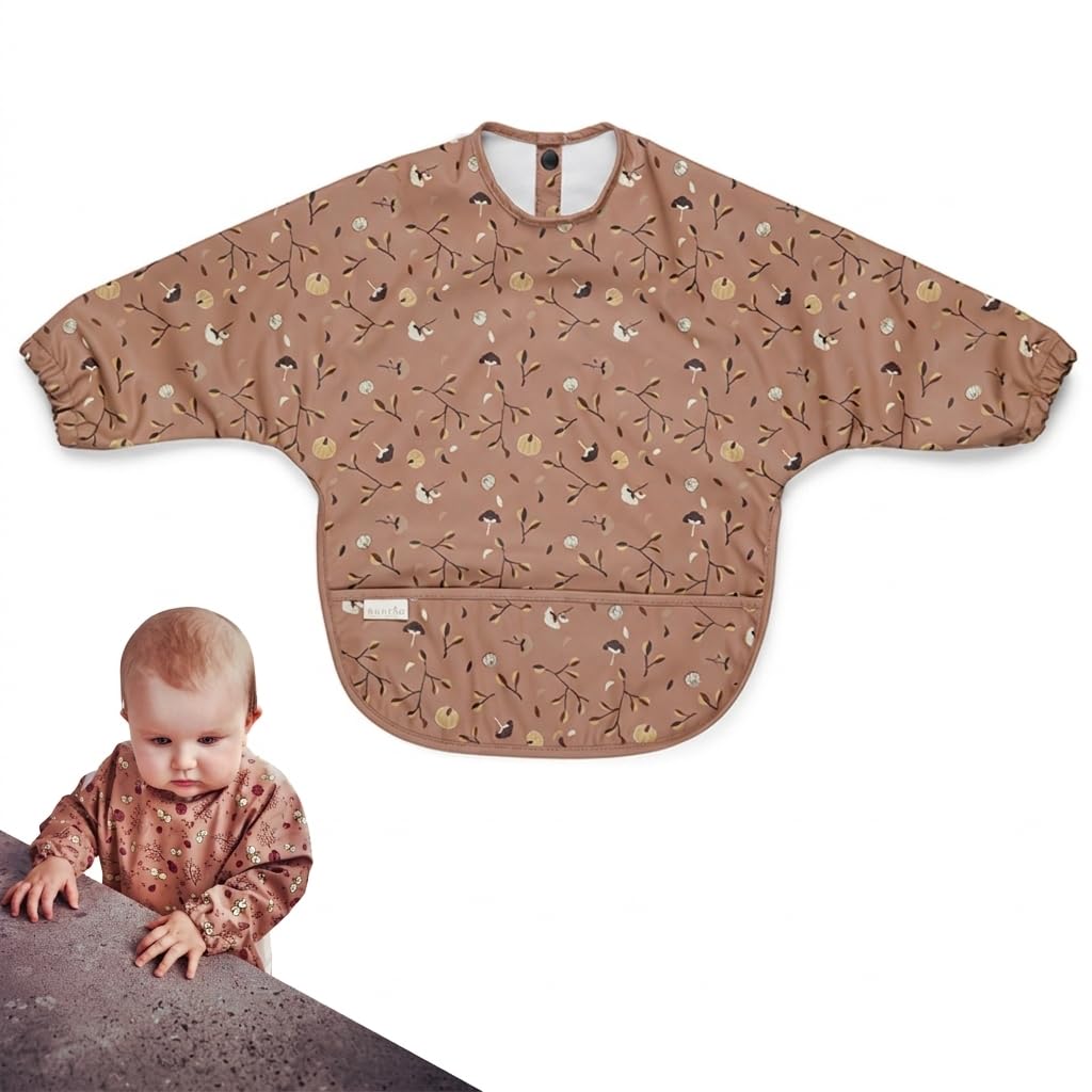 NUUROO Luna Coated Long-Sleeve Bib for Babies & Toddlers | Weaning Baby Bib with Sleeves Waterproof | Easy-Clean, Easy Wipe Coverall Weaning Bib | Full-Coverage Mealtime Protection (Pumpkin flower)