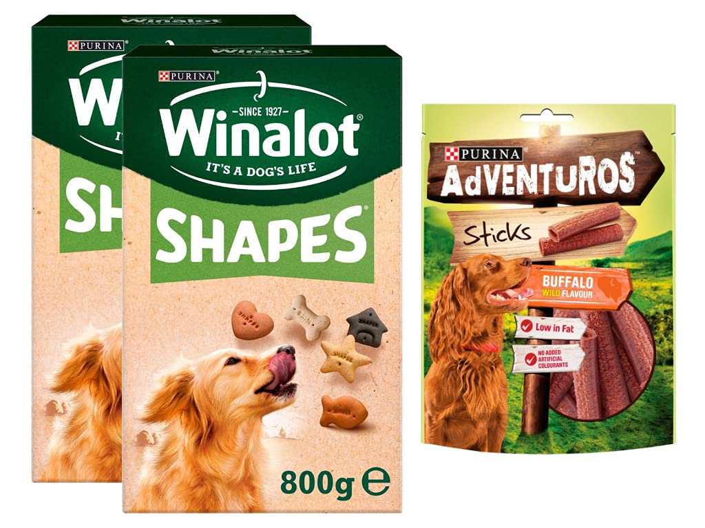multiplePurina Winalot Shapes Dog Biscuits 2 x 800g and Adventuros Sticks with Buffalo Flavour 120g | Bundle of 3