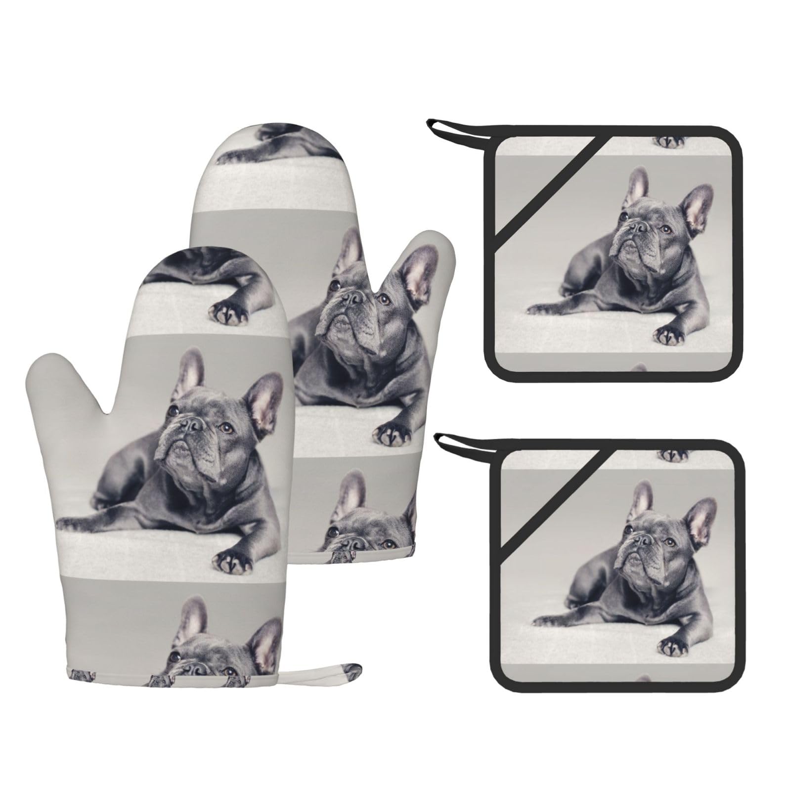 Ensemble de Quatre Gants et maniques résistants à la Chaleur, Gants de Cuisine antidérapants, maniques de Four, Motif Chien Bouledogue français