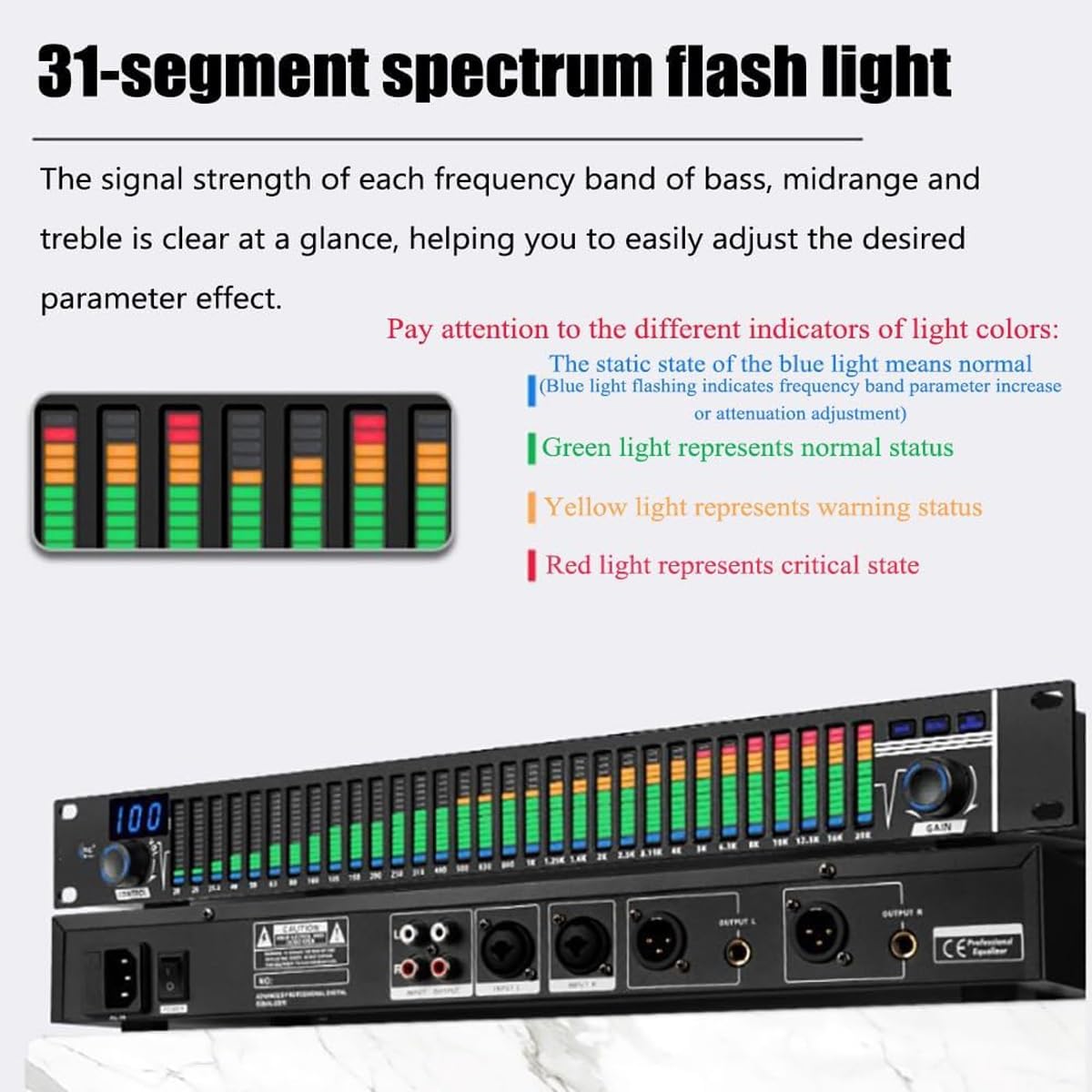 Equalizzatore grafico, equalizzatore grafico digitale, visualizzazione dello spettro stereo a 31 bande, 10 modalità di effetto possono essere pre-memorizzate, regolazione di alti, medi e bassi, ridu