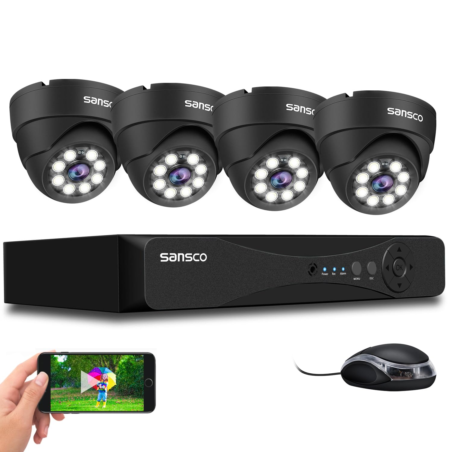 SANSCO 5MP 8CH CCTV Security Camera System, 8 Channel Expandable DVR, 4pcs 3K IP66 Waterproof Metal Dome Cameras, with Human/Vehicle/Face Activated Full Color Night Vision, No Hard Drive