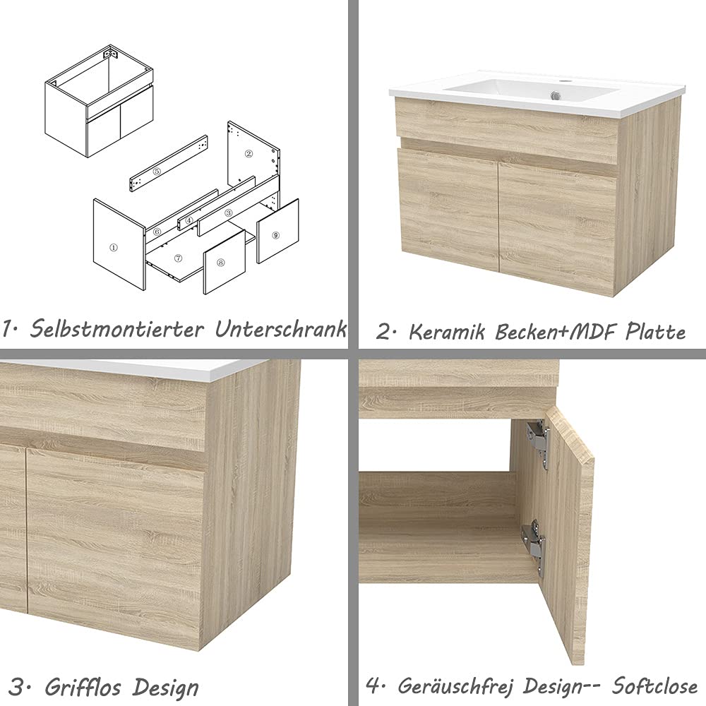 Badezimmer Badmöbel 60 cm Waschtisch mit Unterschrank Hängeschrank Eiche