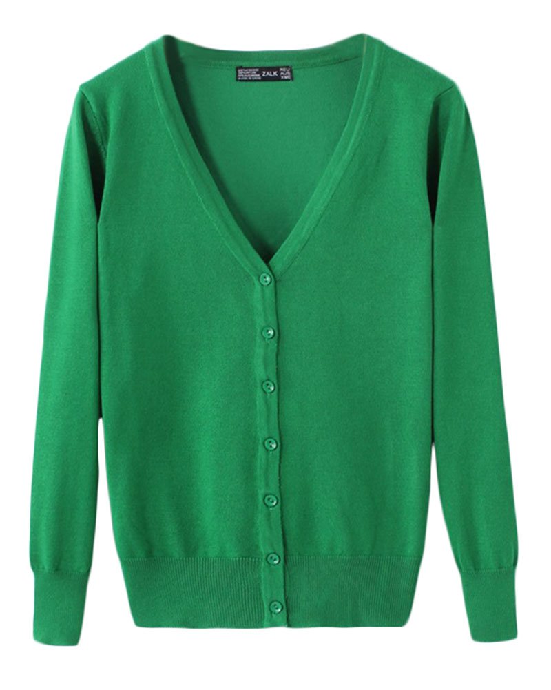 Women's Basic Cardigan V Neck Knit Spring Button Down Long Sleeve Sweater Outwear Green L