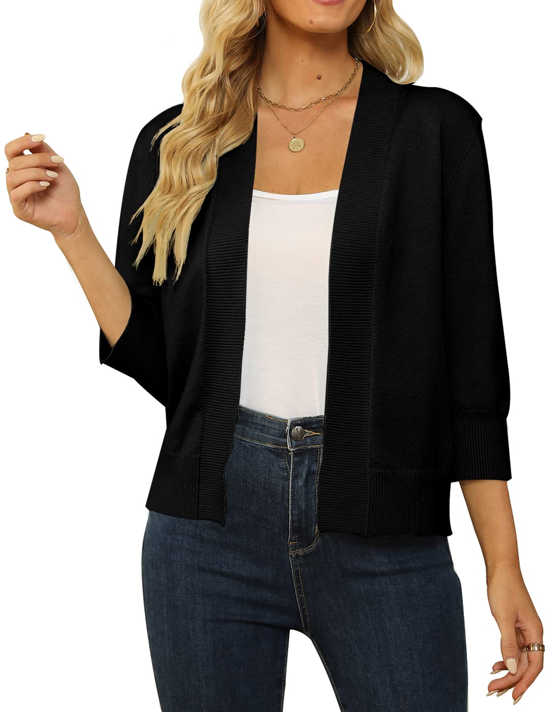 Women's 3/4 Sleeve Cropped Cardigan Sweater Open Front Short Shrugs Cardigans Lightweight Sweaters