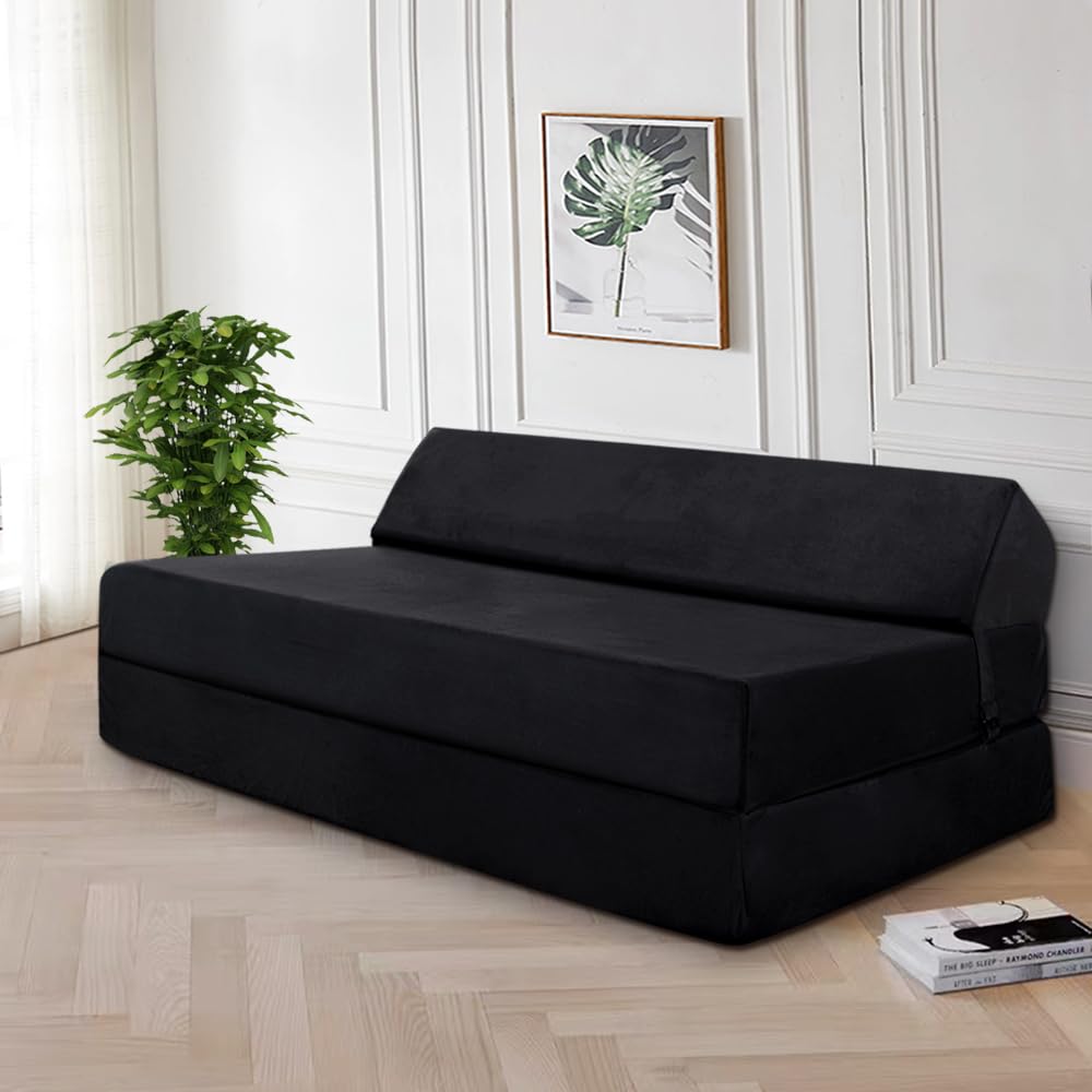 Panana Foldable Bed Double Guest Bed Rectangle Foam Futon Mattress Sofa Bed Sleeper Sofa Chair Z Bed (Black, Double)
