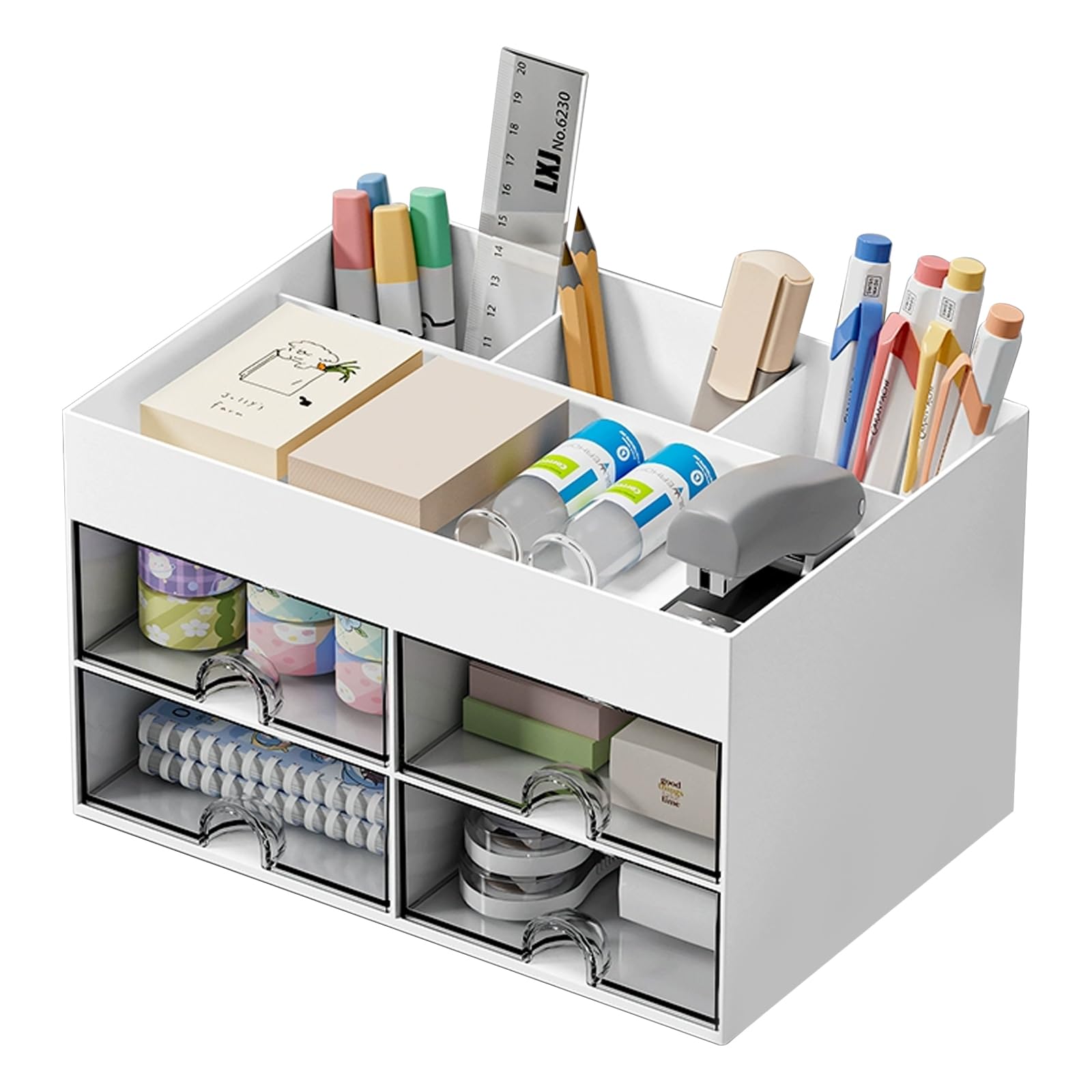 Naapesi 1 Desk Organizer With 4 Drawers, Multi-Functional Desk Tidy With 4 Compartments, Plastic Table Stationery Organizer, Large Capacity Desktop Storage Holder For Office, School, Home, Teacher