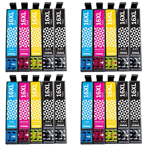 Croma - Pack 20 Cartuchos 16XL, Tinta Compatible para impresoras Epson Workforce WF-2010W, WF-2510WF, WF-2520NF, WF-2530WF, WF-2540WF, WF-2630WF, WF-2650DWF, WF-2660DWF, WF-2750DWF, WF-2760DWF.