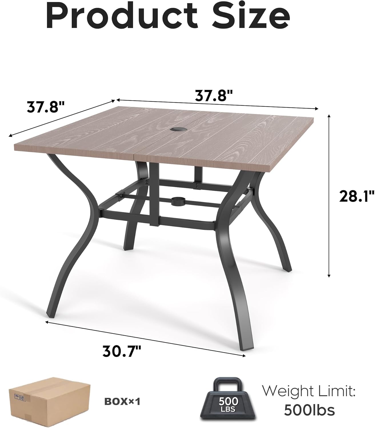 Patio Outdoor Dining Table, Wood-Grain Patio Square Table with Umbrella Hole, All-Weather Metal Dining Table for Party, Lawn & Garden (37.8“ x 37.8”)