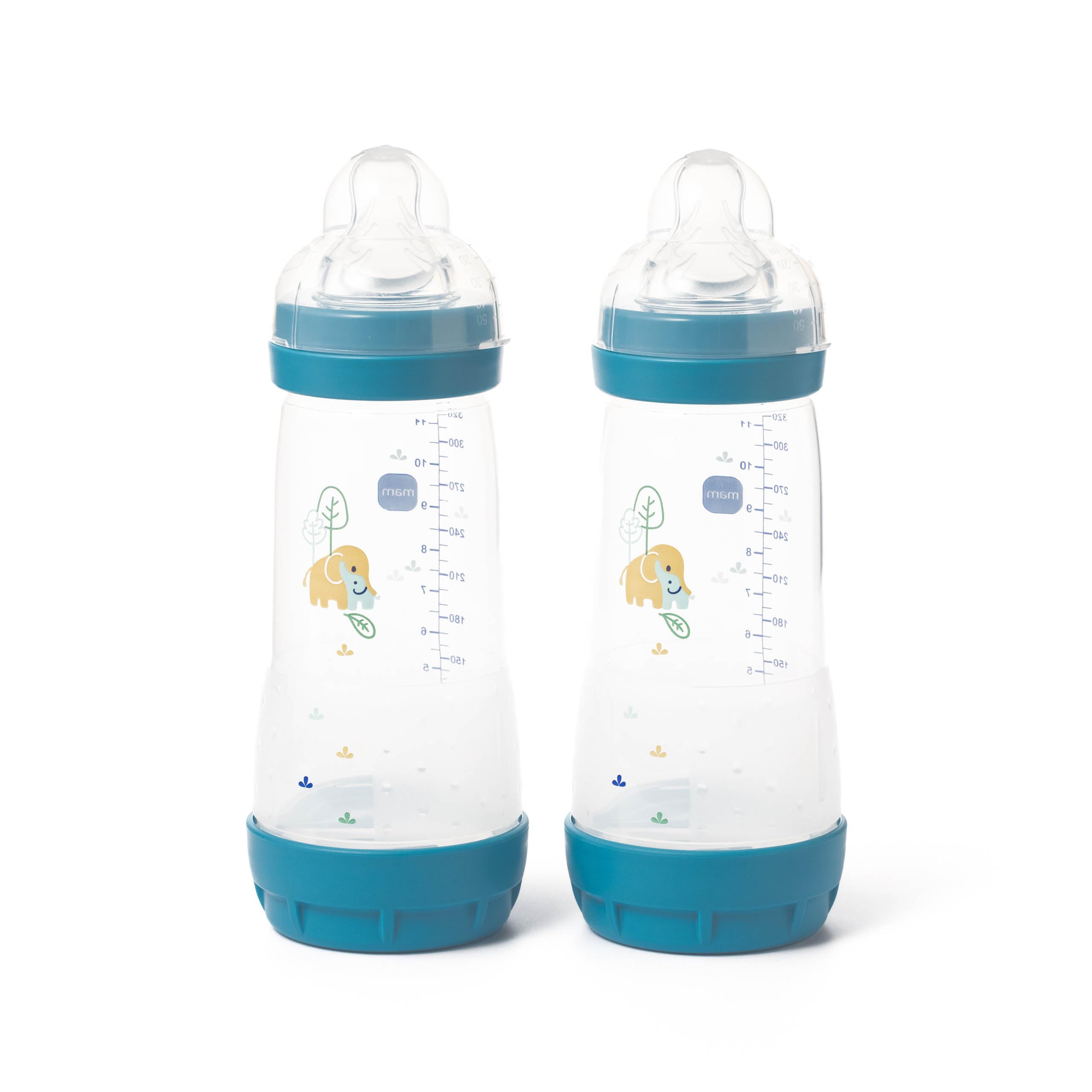 MAM Easy Start Anti-Colic Baby Bottles | 2 Pack (2 x 320ml) | Self-Sterlising | Fast Flow MAM Teats Size 3 | Baby Accessories | Blue (Various Designs)
