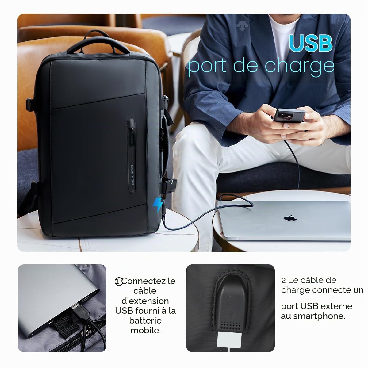 MARK RYDEN Sac à Dos Extensible 25L-40L Business Pour Homme 17,3 Pouces, Sacoche Ordinateur Portable Avec Port USB, Étanche Antivol