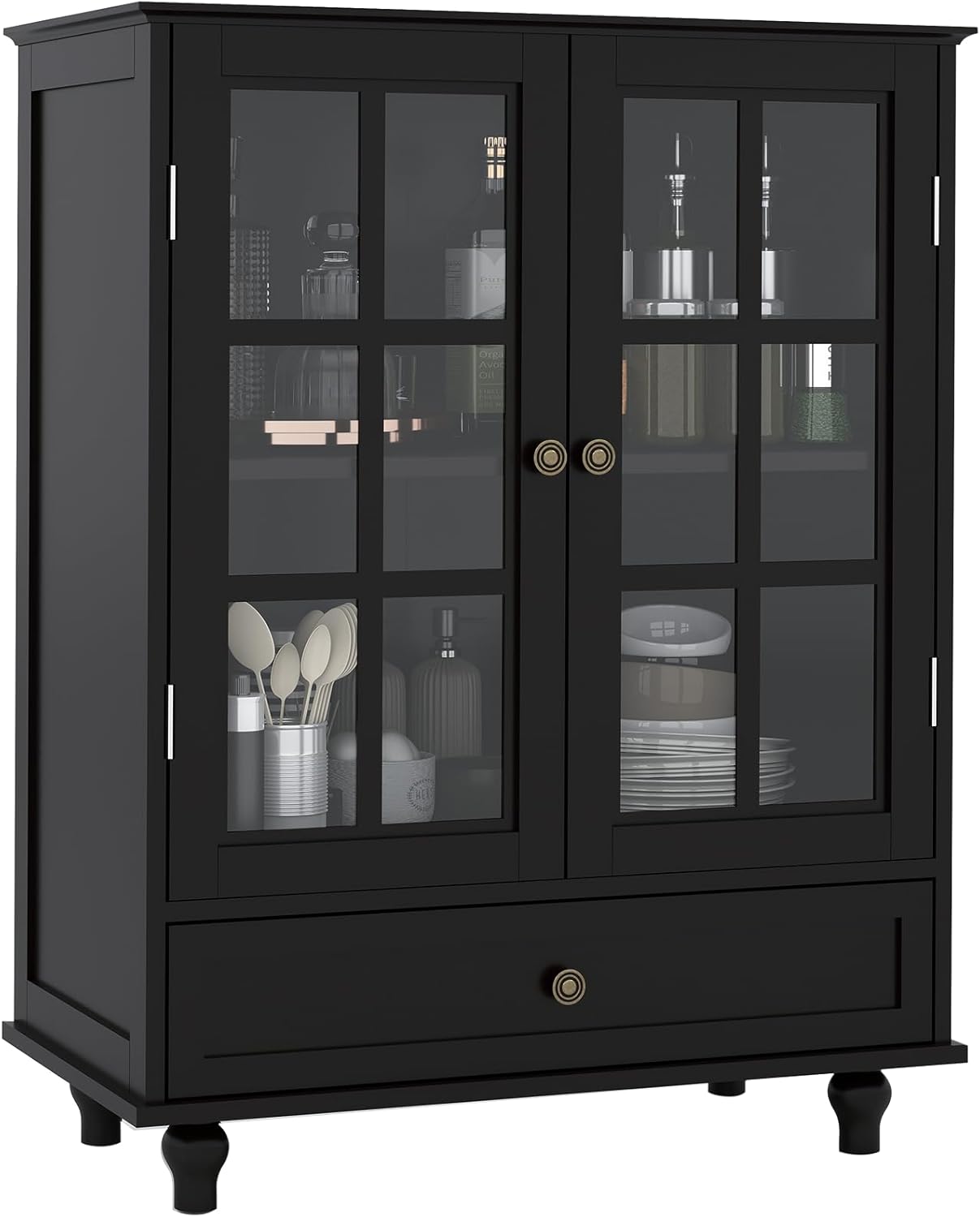 Sideboard Buffet Cabinet with Storage,36" Kitchen Buffet Storage Cabinet with 2 Glass Doors and 1 Drawer, Narrow Glass Display Furniture, Coffee Bar Unit with Wooden Handles for Kitchen (Black)