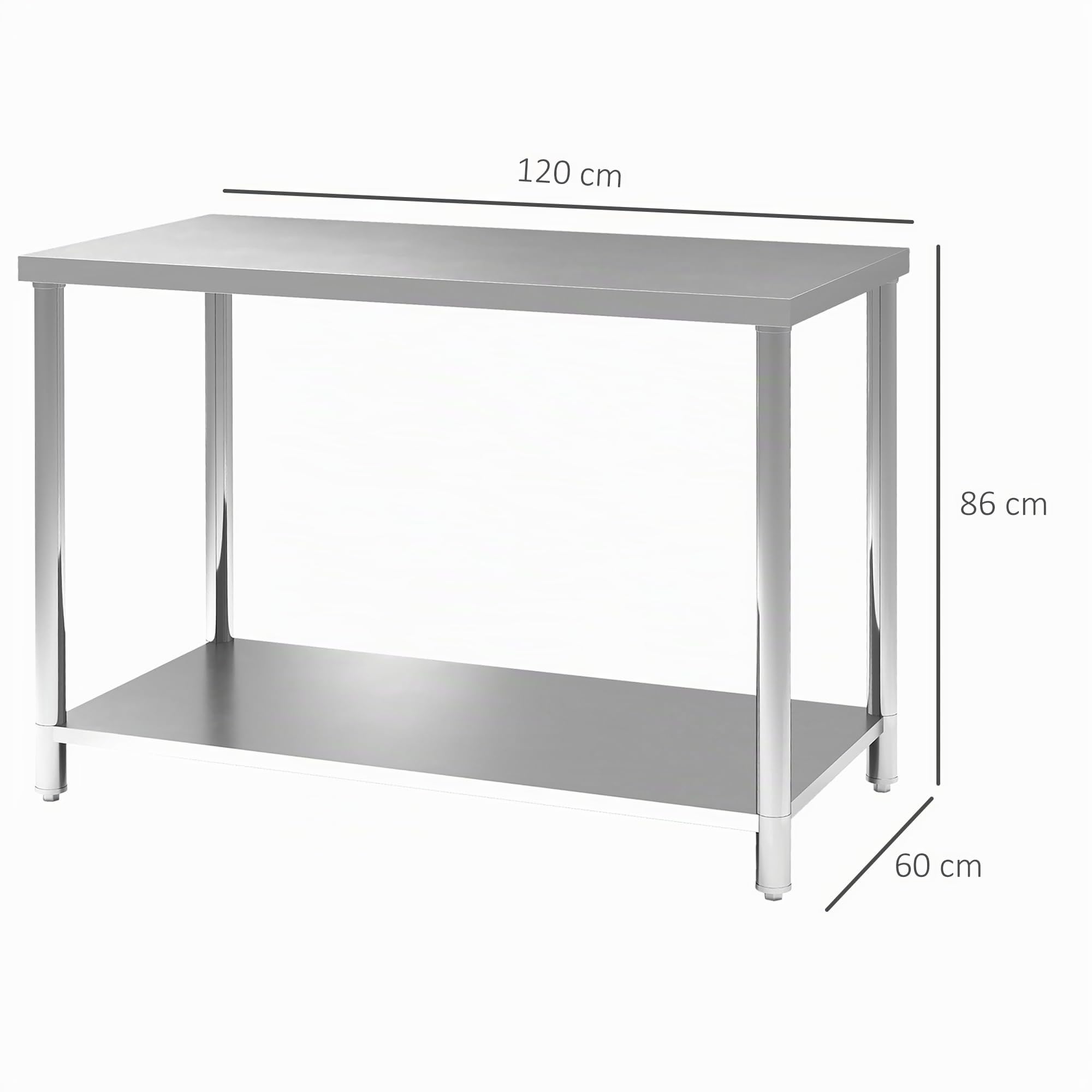 HOMCOM Tavolo Preparazione Acciaio Inox 24x47x34 Pollici con Ripiano | Tavolo da lavoro in metallo, banco da lavoro, per hotel, cucina, garage, cortile