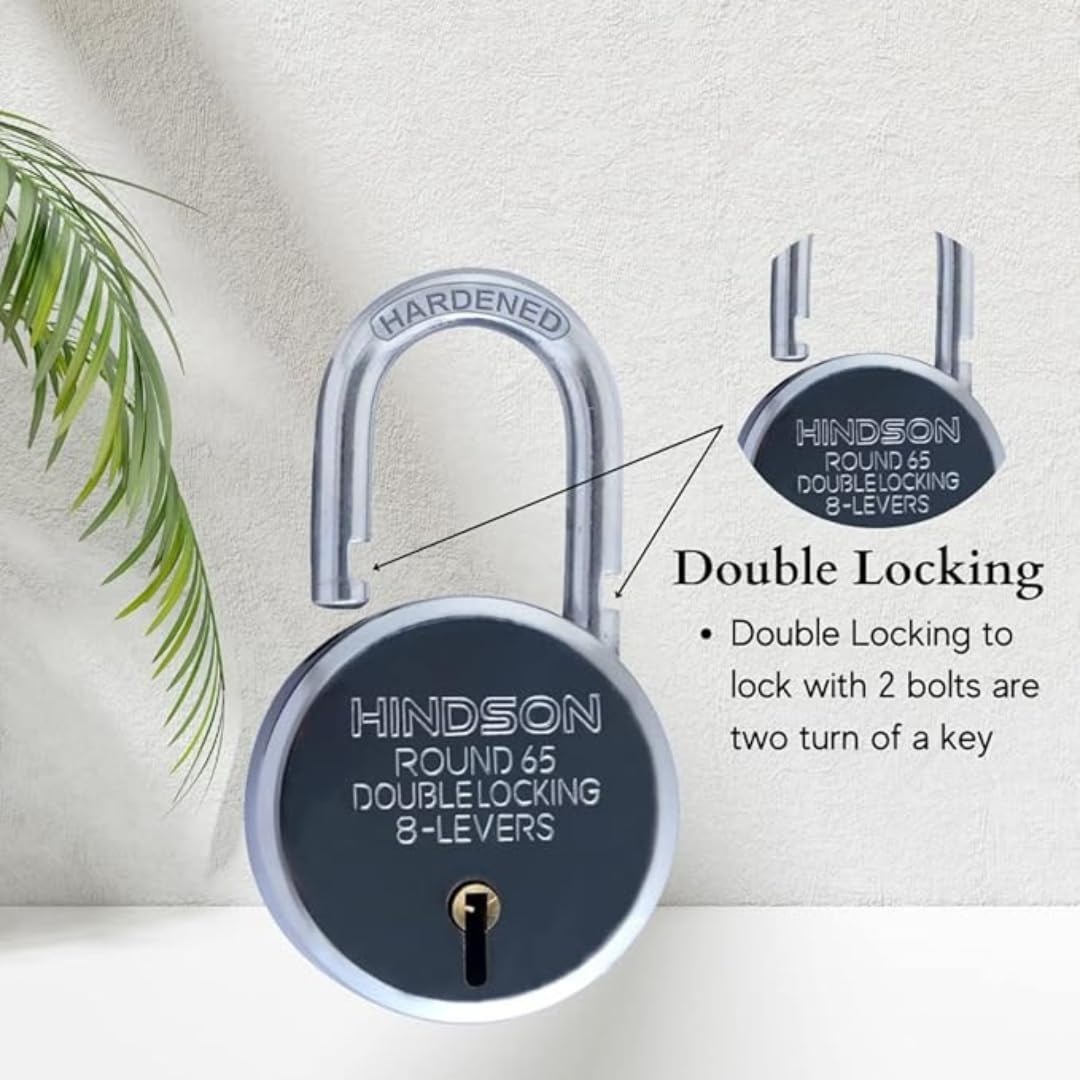 HINDSON Round 65mm Padlock | Heavy Duty Metal Body Lock | Double Locking | 8 Steel Levers | 6 Silver Keys with Keychain | Silver Finish | Home Improvement | Made in India — Amazon image 3