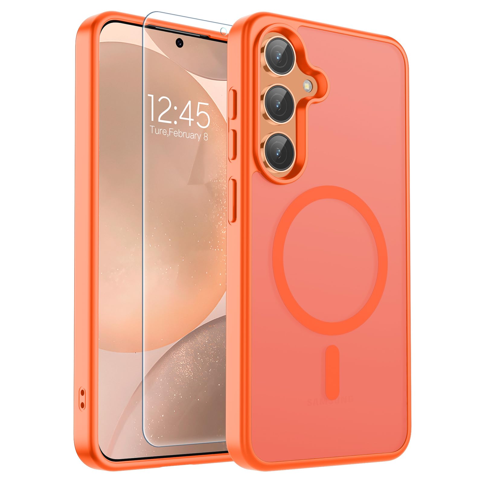 SUPFINE Magnetic for Samsung Galaxy S24 Plus Case / S25 Plus Case with Screen Protector, (Built-in Magnets) (Military Grade Drop Protection) Slim Translucent Shockproof Phone Case,Orange