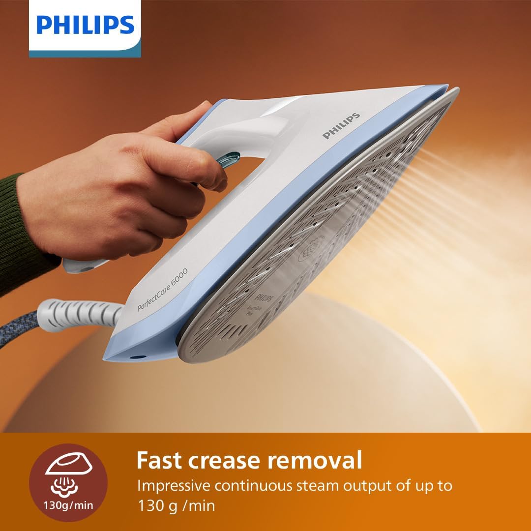 Hand holding Philips PerfectCare 6000 Series Steam Generator Iron, showing steam coming from the soleplate.