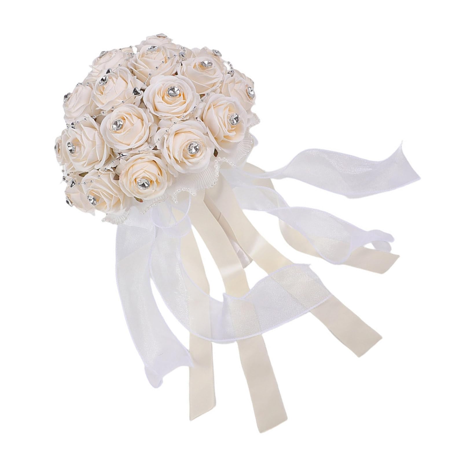 Jazuaiao Artificial Rose Bouquets Realistic Texture Champagne Rhinestones Satins Ribbon Pearls Decoration Faux Floral Arrangement Event Rhinestones Floral Display