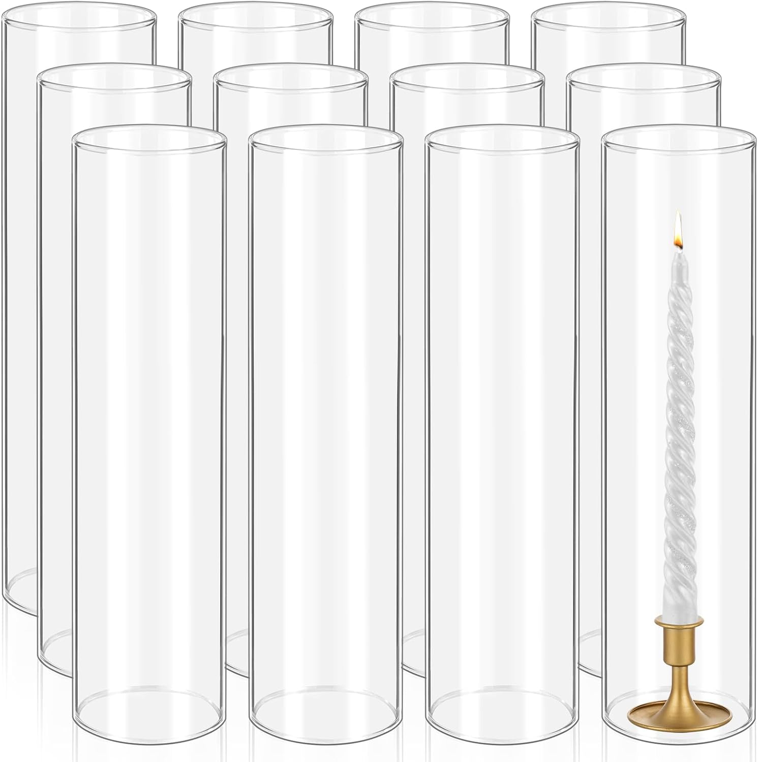12 Pcs Hurricane Candle Holder Sleeve, H:14" D:4" Bottomless Glass Cylinder Candleholder Tall Clear Glass Cylinder Open Both Ends, Chimney Tube Cover, Open Ended Candle Shade 4"x14"H 12