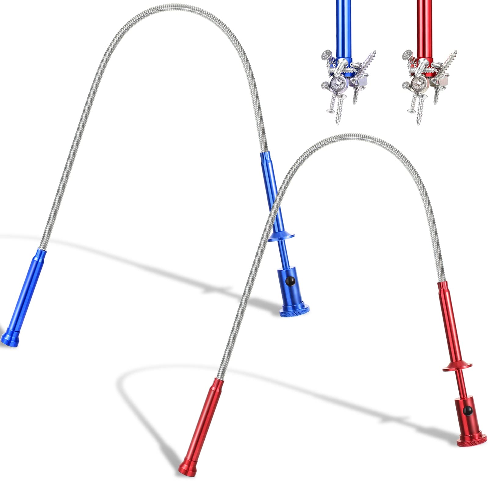 2 Pcs Claw Magnetic Pick up Tool 4 Claws with Bright LED Light 20 lbs Flexible Gripper Tool Grab Reach Tool Spring Magnet Grab Grabber Fingers Prongs for Garbage Pick up Waste Picking Tool (Red, Blue)