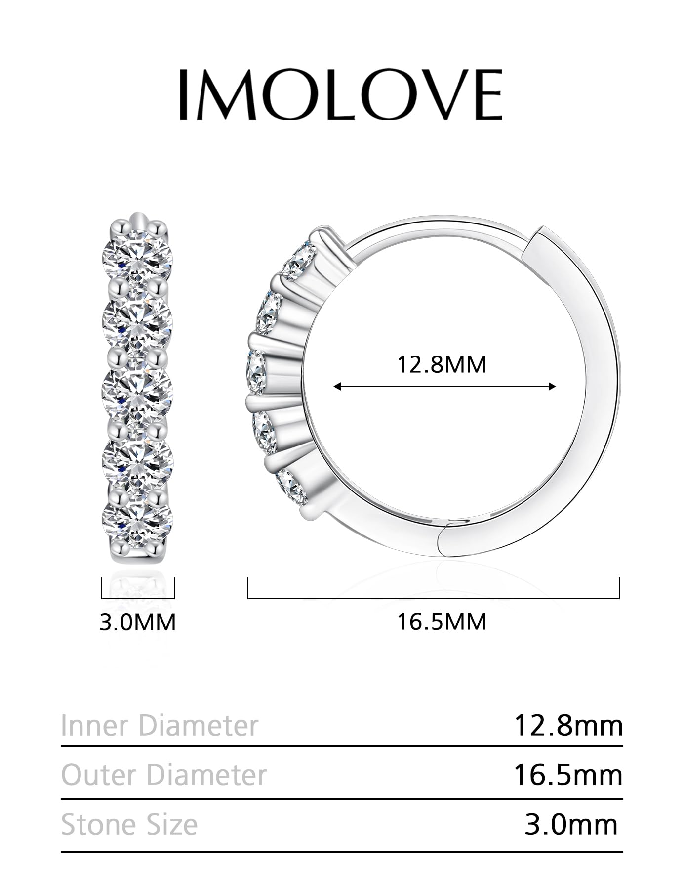 IMOLOVE Pendientes de aro de moissanita para mujeres y niñas, de plata de ley, hipoalergénicos, chapados en oro blanco de 18 quilates