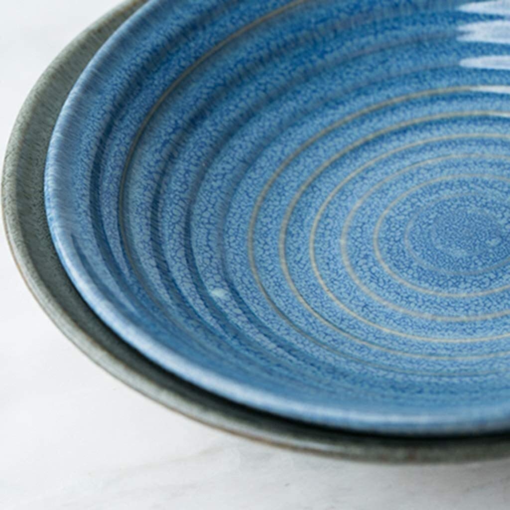 Juego de Platos para la Cena, Cuenco de Servicio, diseño de Hilo, Cuenco Azul Poco Profundo, Cuenco para Ensalada de Frutas, Cuenco de arroz de cerámica Verde, Cuenco Red,Blue-24 * 5.5CM