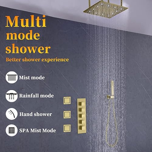 Miniatura 2 de AYIVG Sistema de ducha grande de lluvia dorado cepillado, sistema de ducha termostático de cuerpo completo para baño, cabezal de ducha de techo de