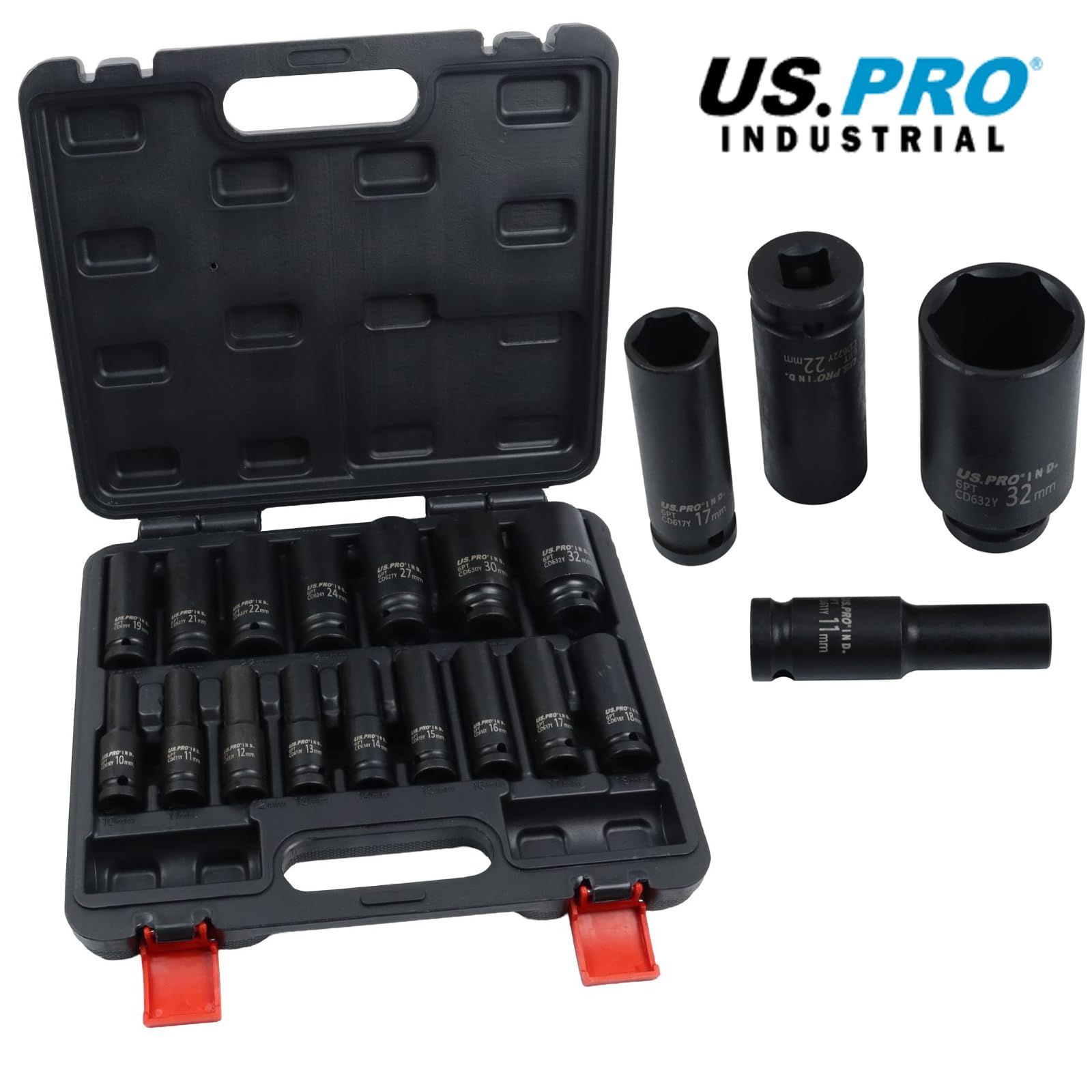 US PRO Juego de 16 llaves de vaso de impacto profundo de 6 puntos, estilo europeo, 10-32 mm
