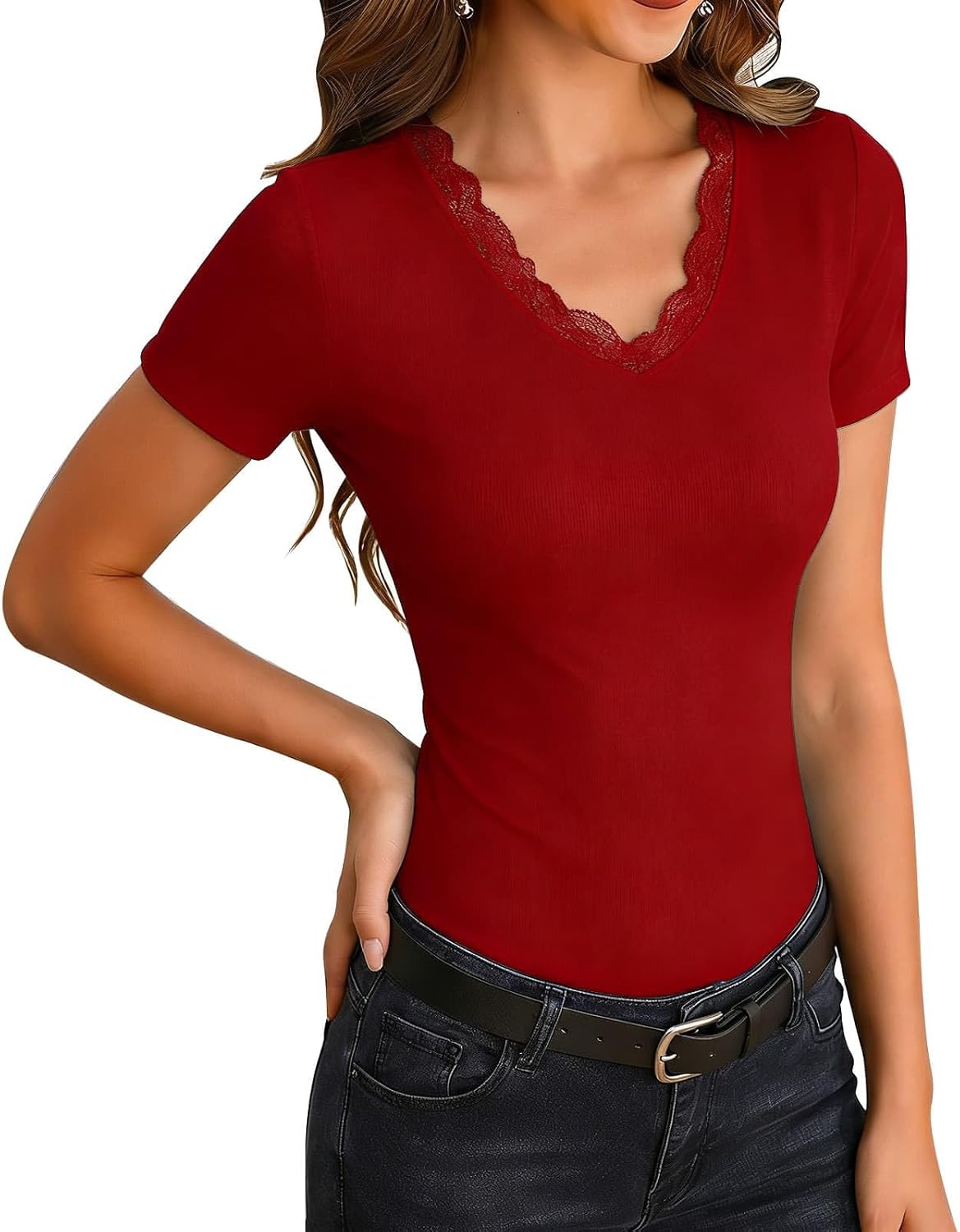 Womens Casual T Shirts Basic Lace V Neck Raglan Short Sleeve Slim Tight Fit Going Out Tops Summer Clothes