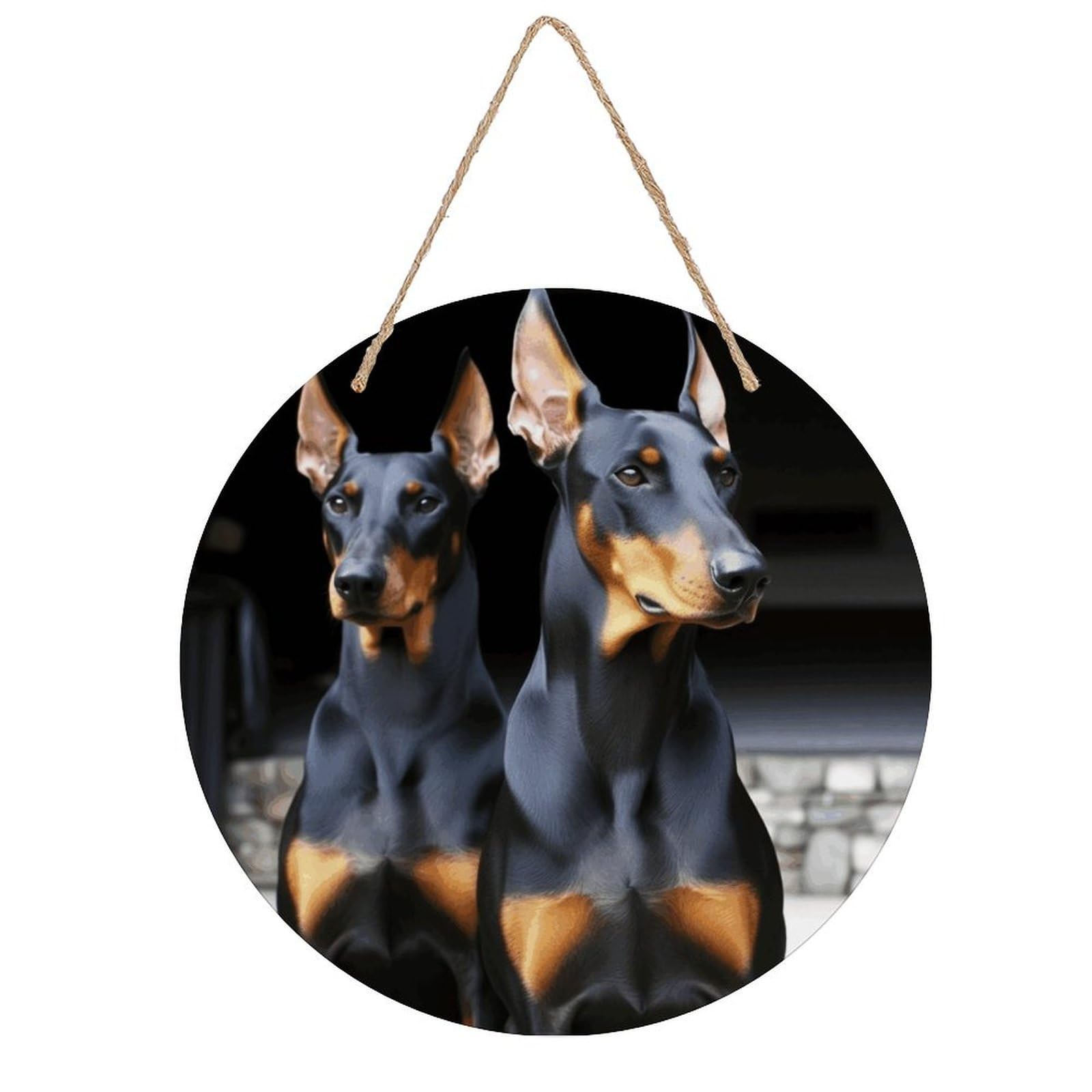 VstaDank Doberman Wall Art Decor with Ropes Wooden Hanging Sign Hanging Wall Decor Artwork Round Wood Painting Modern Wall Prints Decor Picture for Office Bar Home Decors