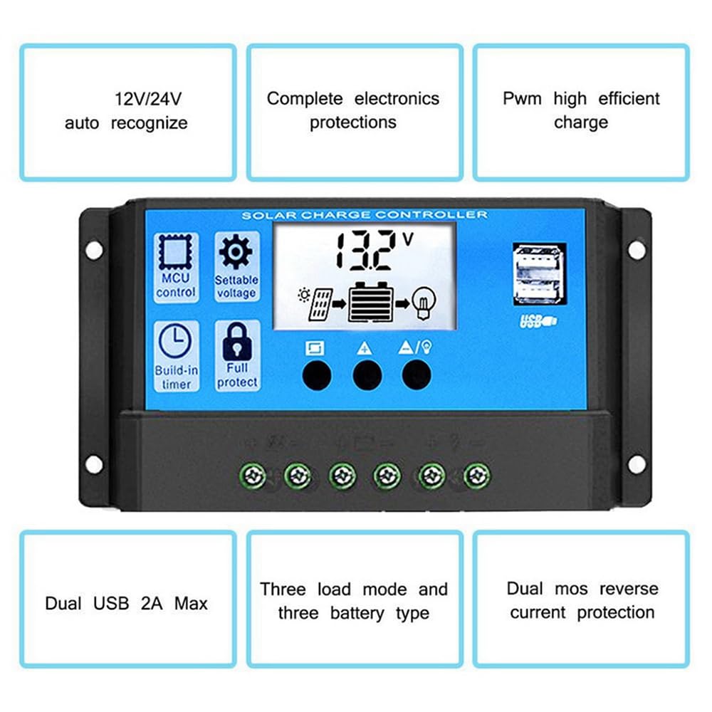 Panneau Solaire Double USB de 25 W + onduleur de Courant 6000 W DC 12 V à CA 110 V avec écran LCD Intelligent, Ports de Chargeur USB Doubles contrôleur