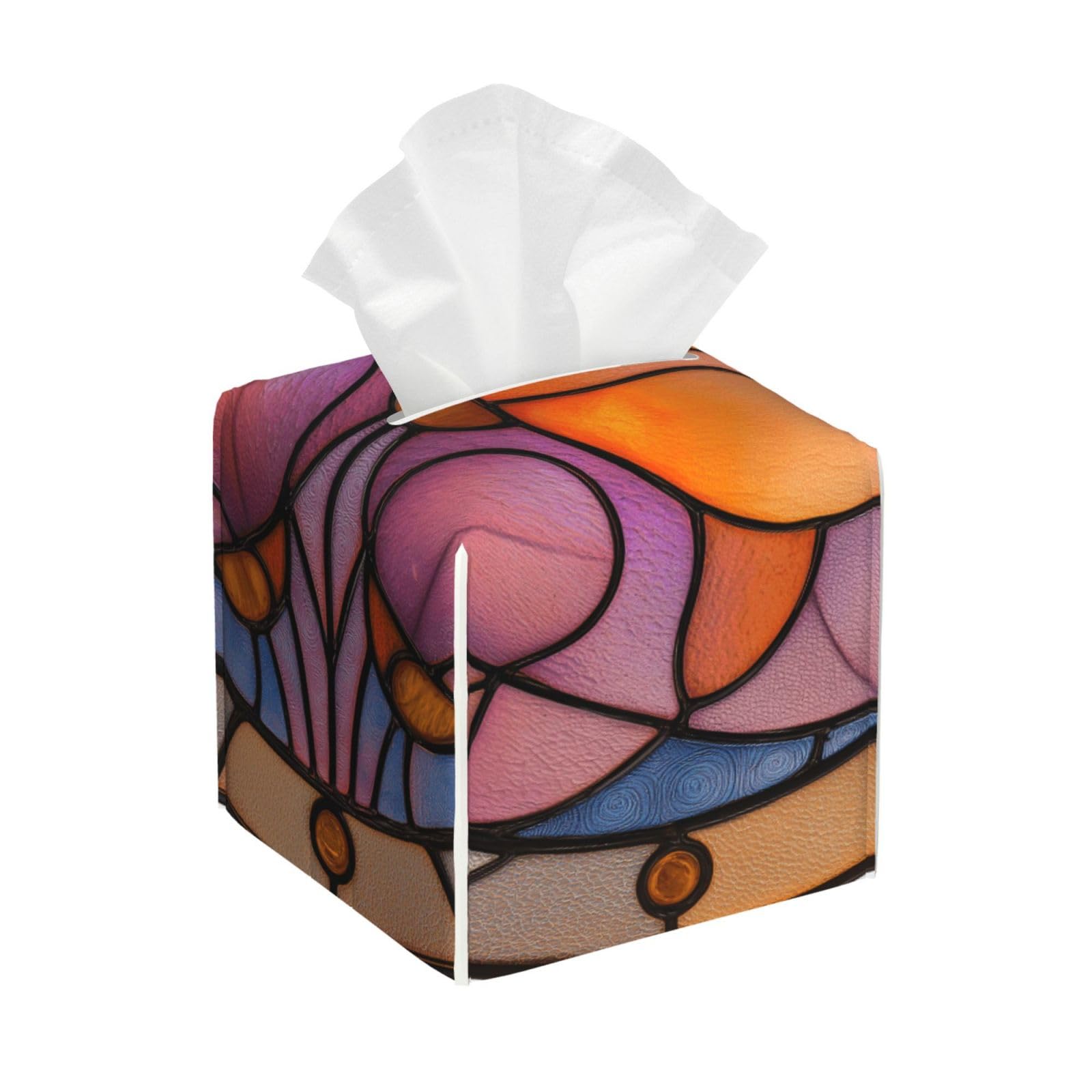 Abstract Stained Glass Florals Pink Tissue Box Cover Square Pu Leather Waterproof Tissue Box Holder for Car Bathroom Bedroom Office Tabletop Decor