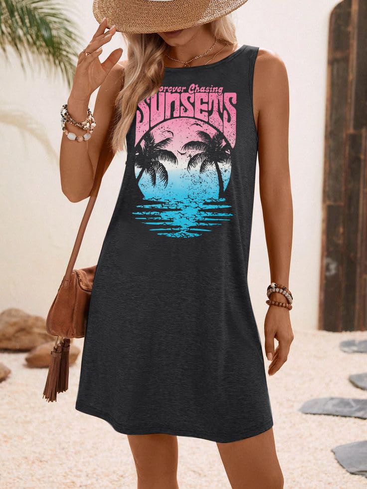 Image of MYHALF Summer Tank Dress for Women Sleeveless Beach Vacation Sundress Short Coconut Tree Sun Dress Casual Coverup