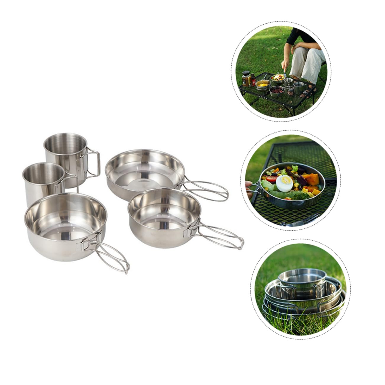Ensemble de Vaisselle de Camping Portable 5 Pièces en Acier Inoxydable | Poignée Pliable, 1 Set Casserole, Grand Bol, Petit Bol, Grosse Tasse et Petite Tasse