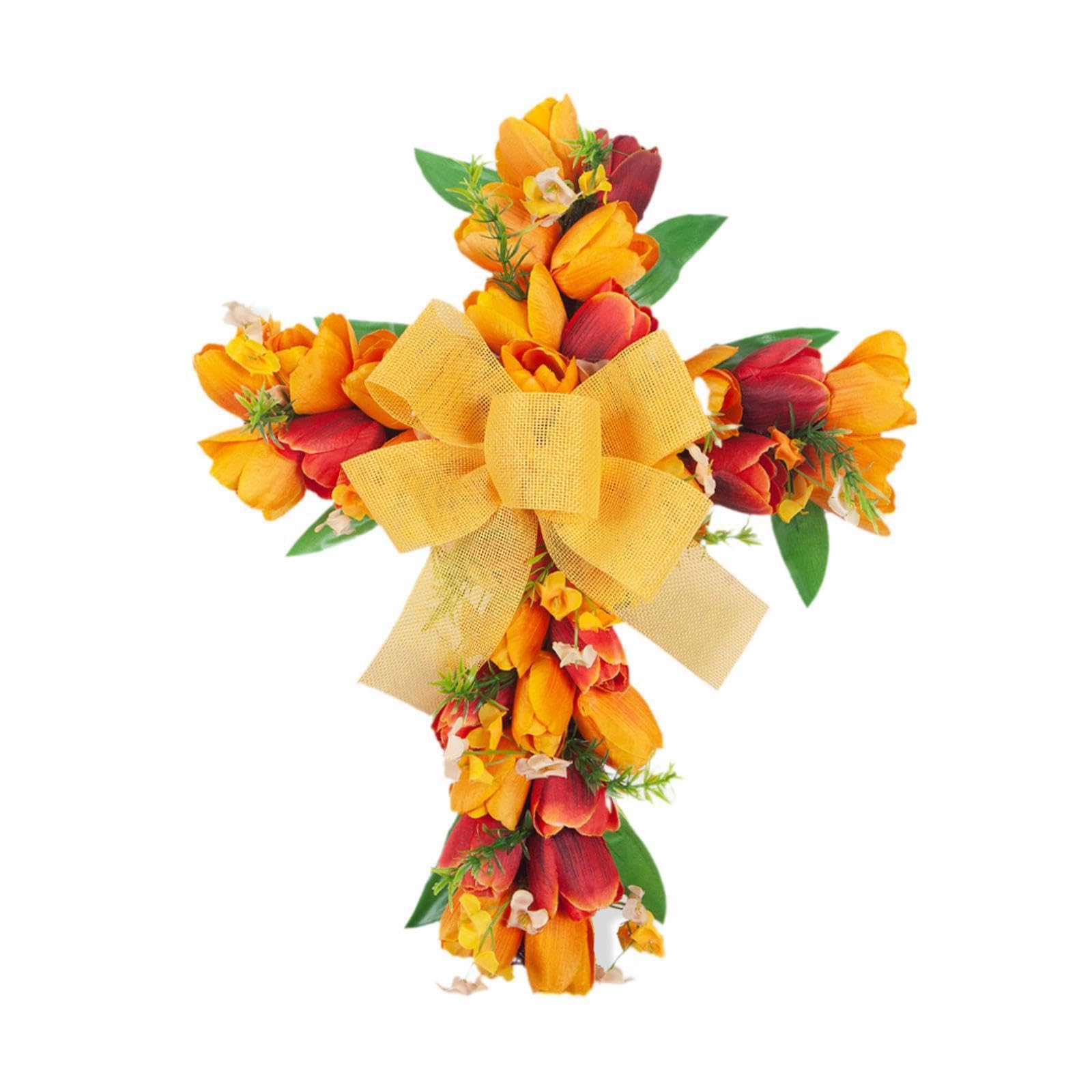 Corona de tulipanes amarilla de 35 x 45 cm con lazo para decoración