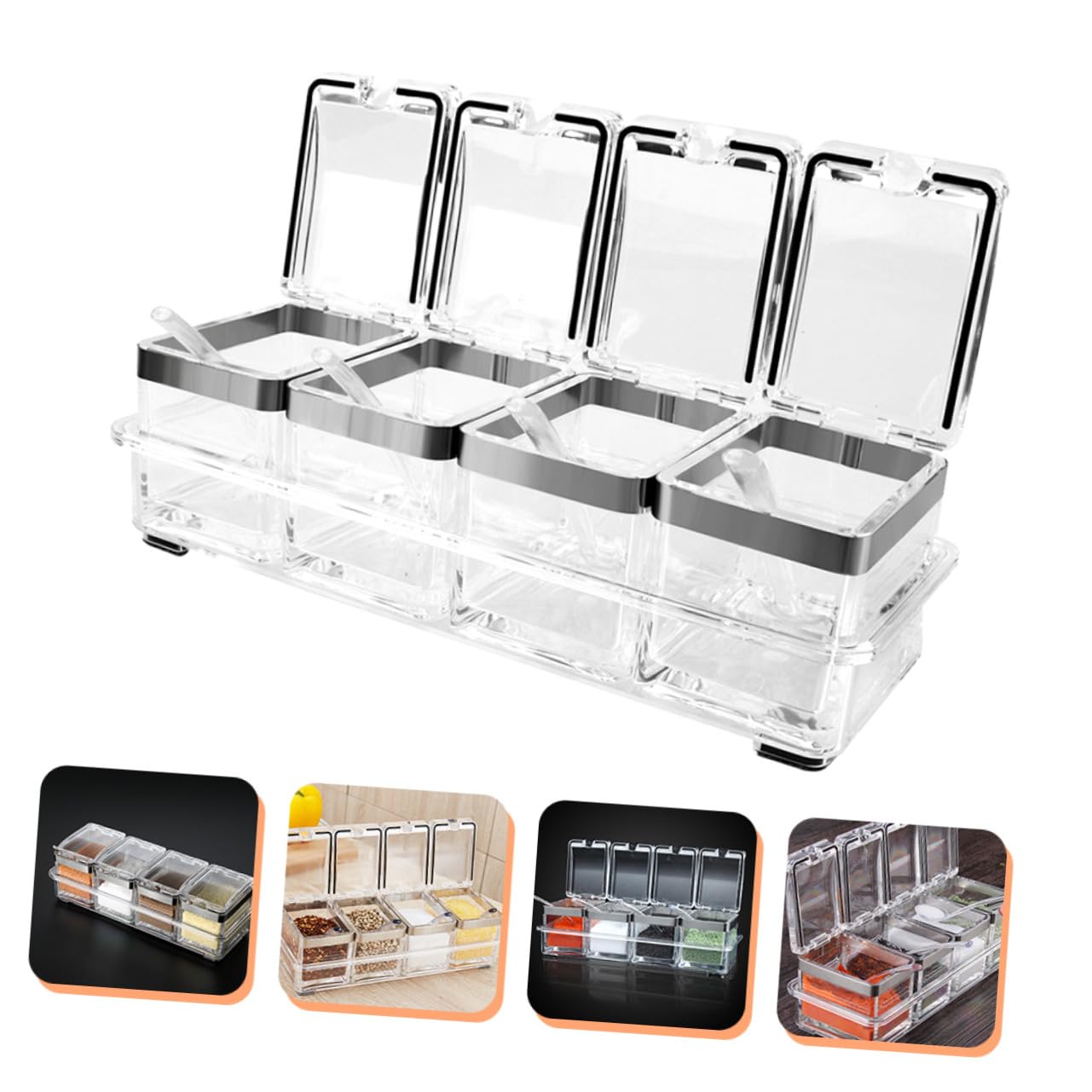 SOLUSTRE Acryl Gewürzbox Satz mit Deckel und Edelstahl Tablett Durchsichtiges Gewürzbehältnis für Salz und Gewürze als Einweihungsgeschenk in Küche