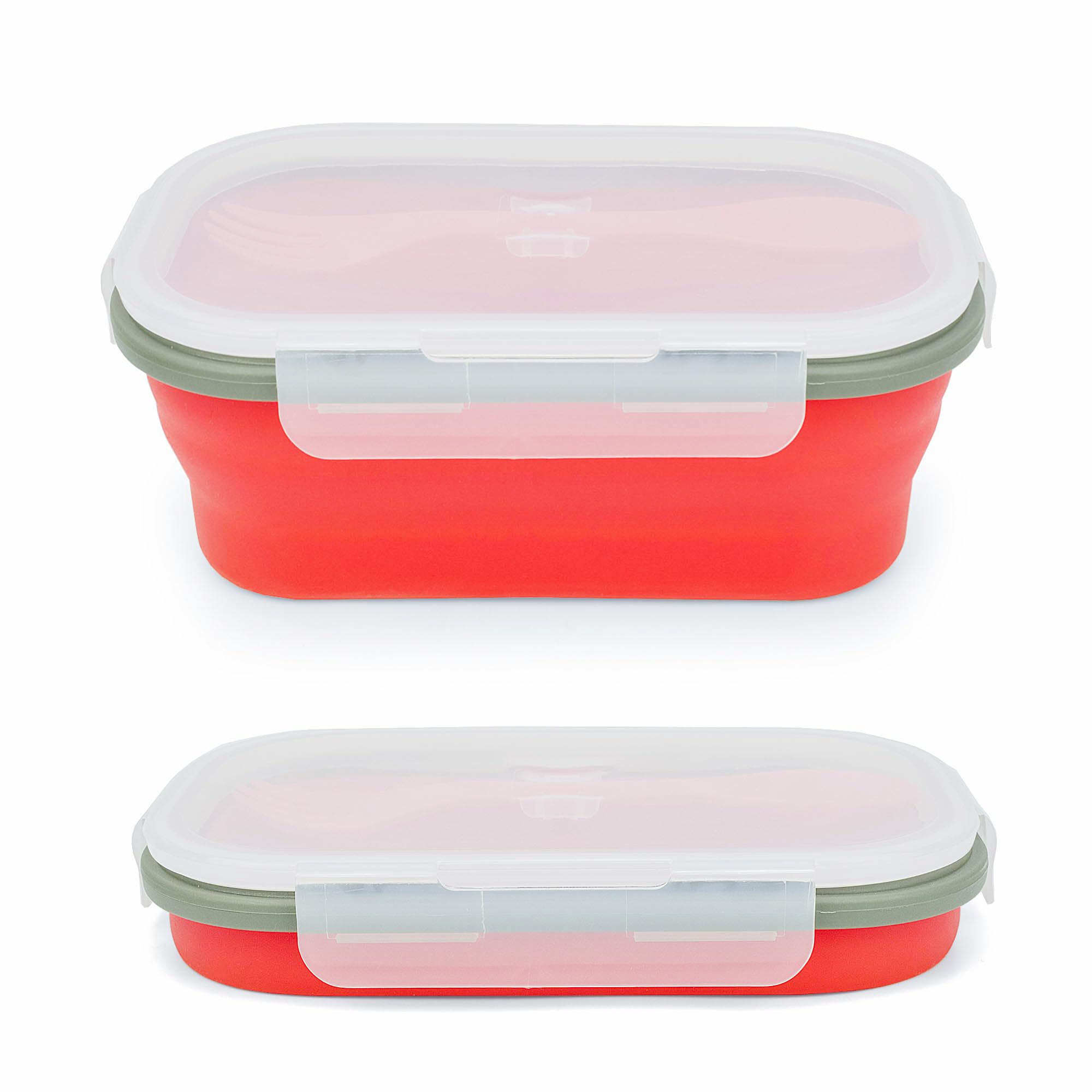 Boîte à déjeuner Bento pliable de 1 000 ml – Récipient alimentaire pliable en silicone avec cuillère 2 en 1 cuillère-fourchette et couvercle hermétique, passe au micro-ondes, rouge