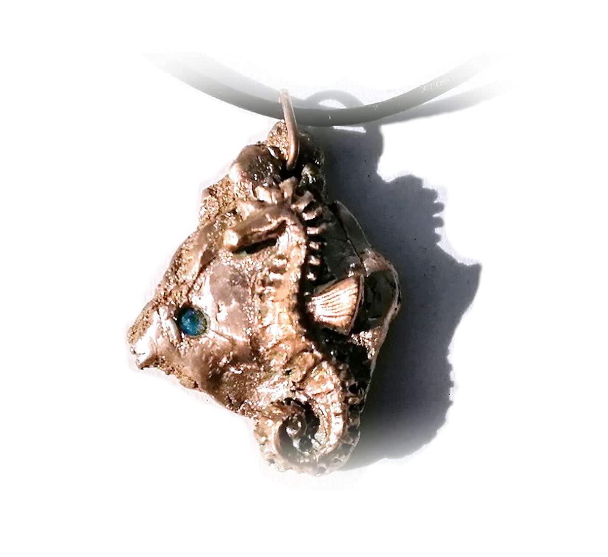 pendant meteorit & hippocampus handmade in Goldbronze unisex, aquablue CZirconia, black leather cord. Unique piece, for men and women