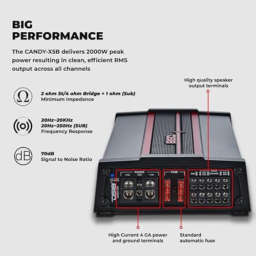 Miniatura 3 de DS18 CANDY-X5B Amplificador en negro - Clase D, 5 canales, 2000 vatios máximo, digital, 124 ohmios, con controlador remoto de nivel de subwoofer -