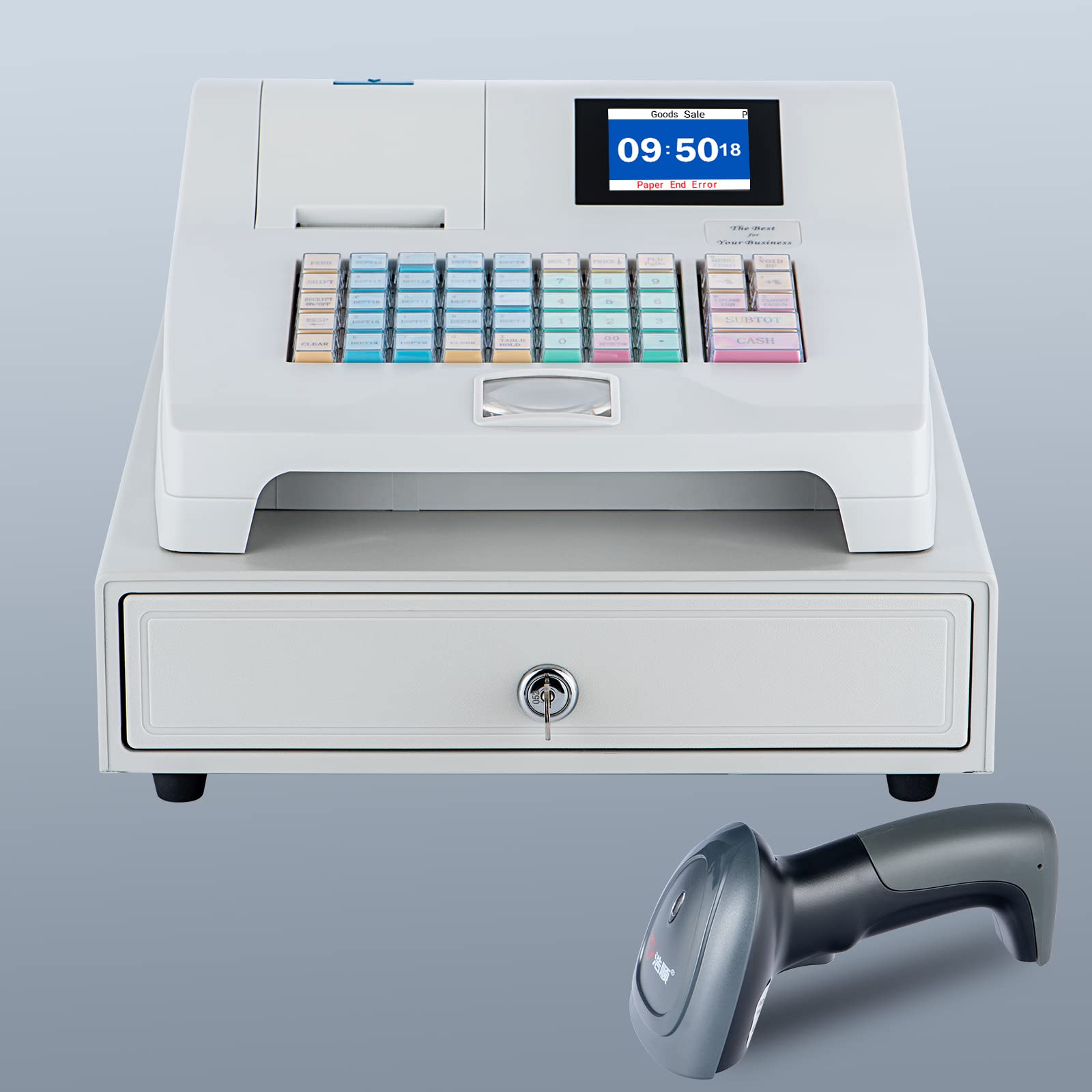 Hysoon Cash Register with Cash Drawer, Cash Register for Small Businesses with 2.8 Inch TFT LCD Display, 48 Keys Electronic Cash Registers with Barcode Scanner and Auto Print Receipt (White)