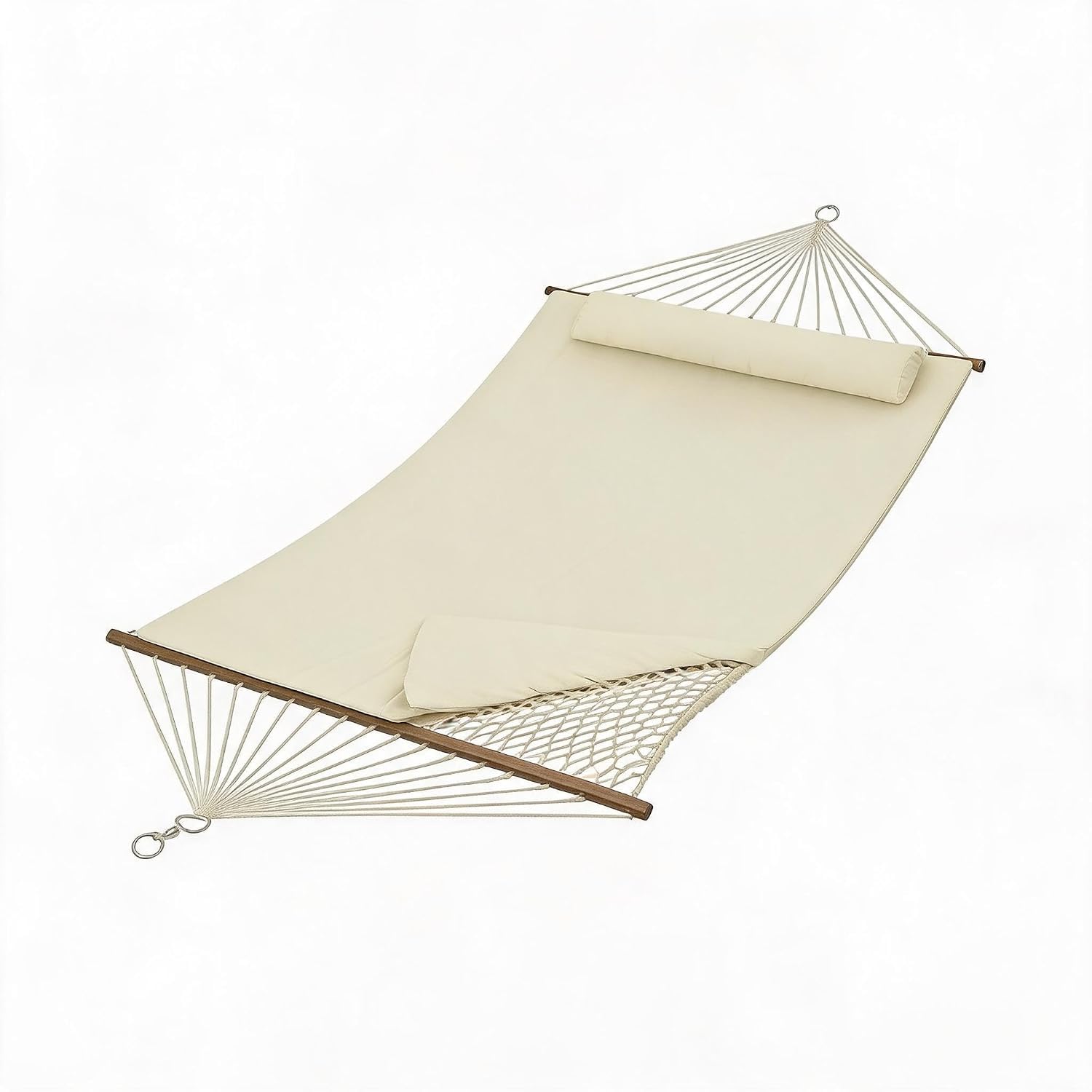 XXL Doppel-Hängematte mit Stahlgestell, Kissen und Spreizstab, Baumwollseil Hängematte beige, belastbar bis 226 kg für Garten Terrasse Außenbereich