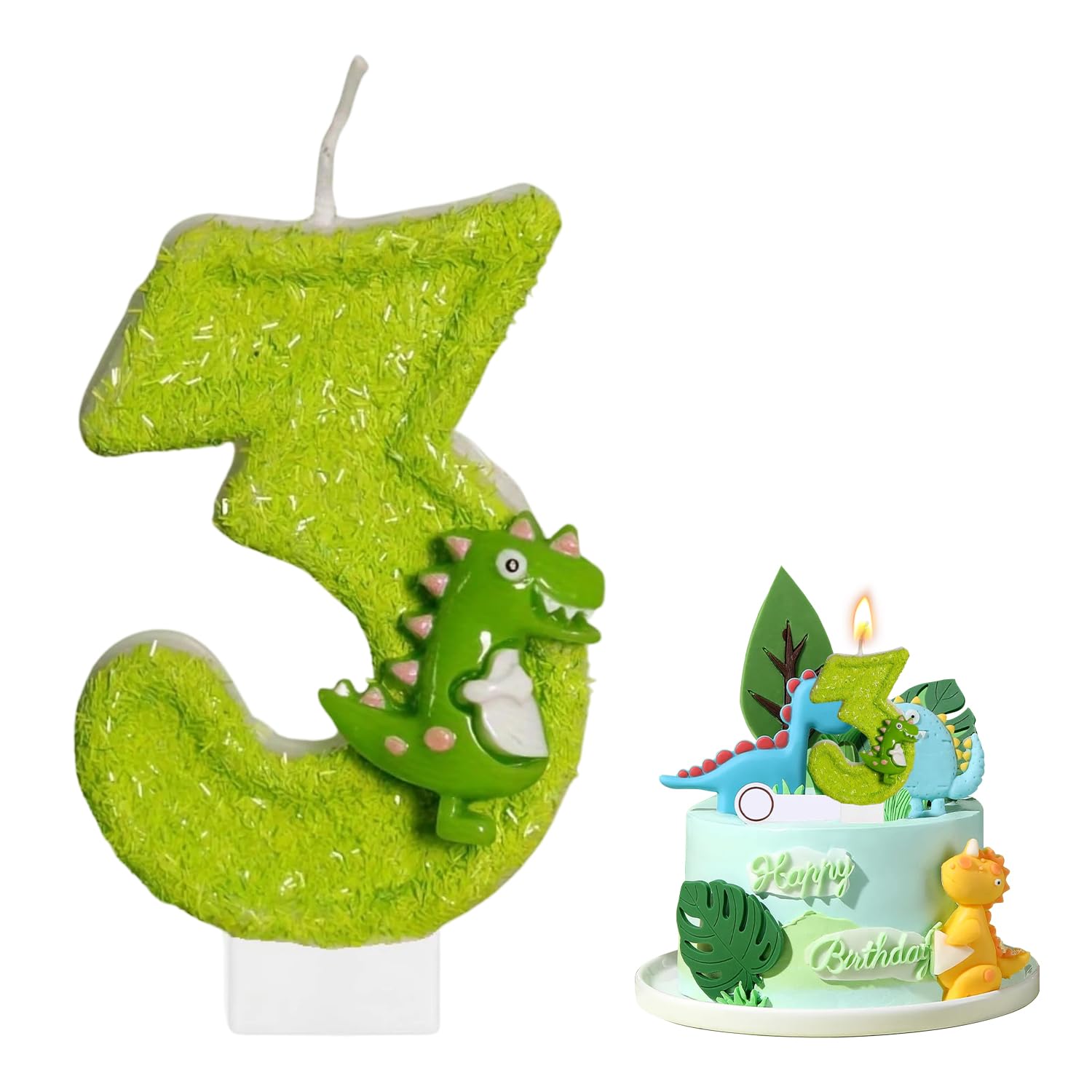 Birthday Candle, Green Dinosaur Birthday Candles for Cakes, Dinosaur Birthday Decorations, Dinosaur Cupcake Toppers, Cake Decorations, Long Burn Time (3th Birthday Candle)