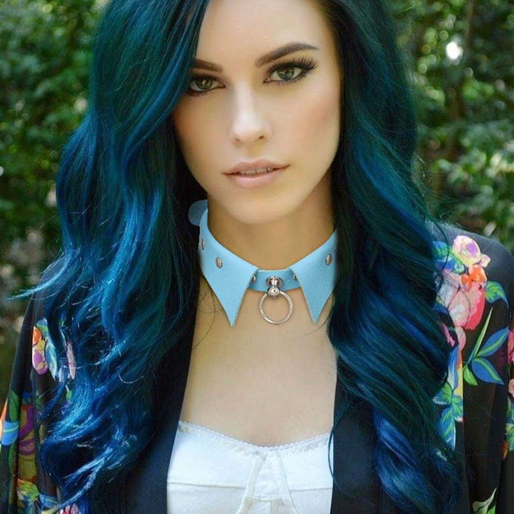 Urieo Gothic Leather Choker Necklace  Punk Nightclub Jewerly Accessories for Women: Blue