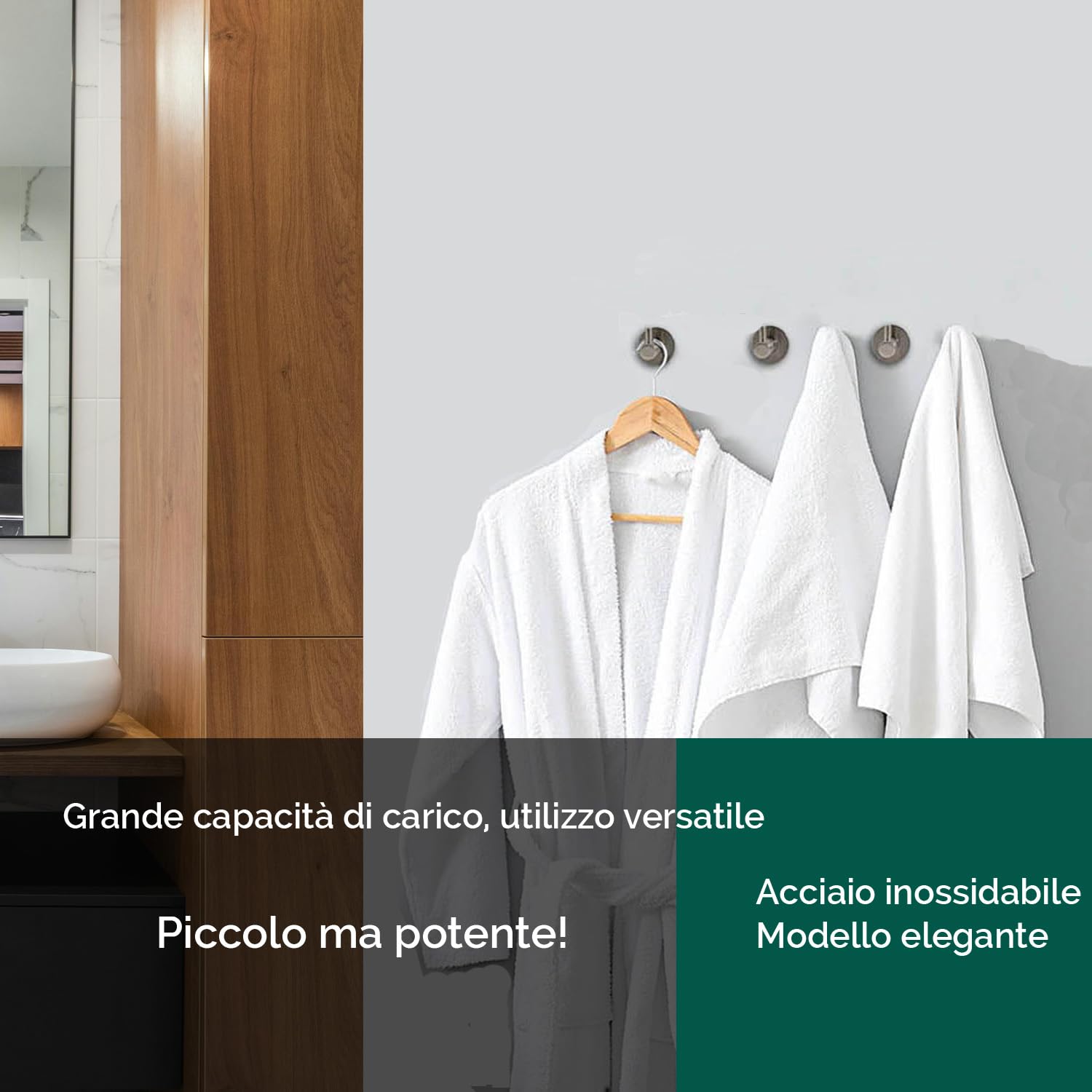 Kon-fort Home Appendi Accappatoio Bagno Acciaio Inox. Set 2 Ganci Bagno Cucina, Design in Acciaio Inossidabile AISI 304, Acciaio Spazzolato Opaco con Vite.